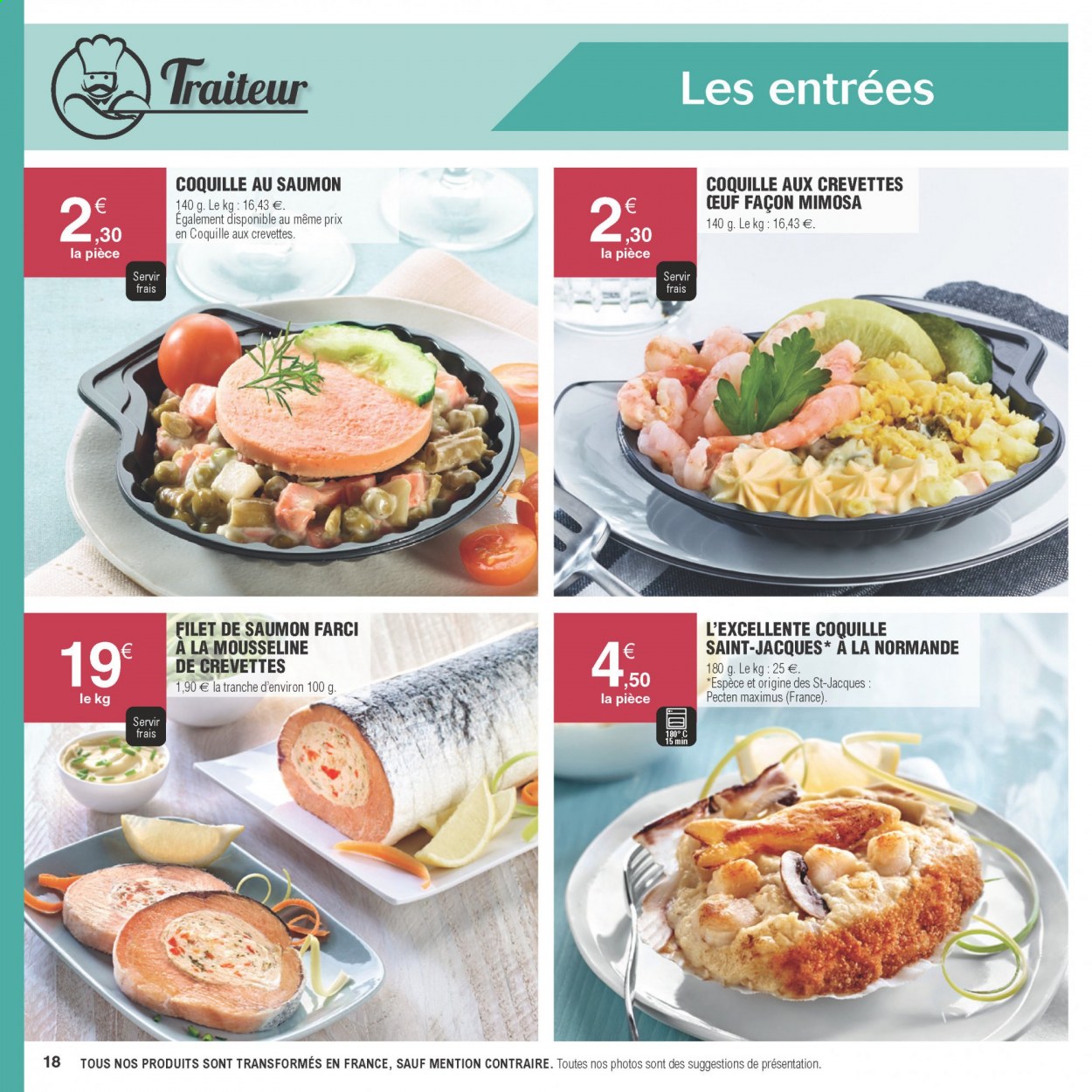 thumbnail - Catalogue E.Leclerc - Produits soldés - coquilles Saint-Jacques, pavés de saumon, saumon farci, mimosa. Page 18.