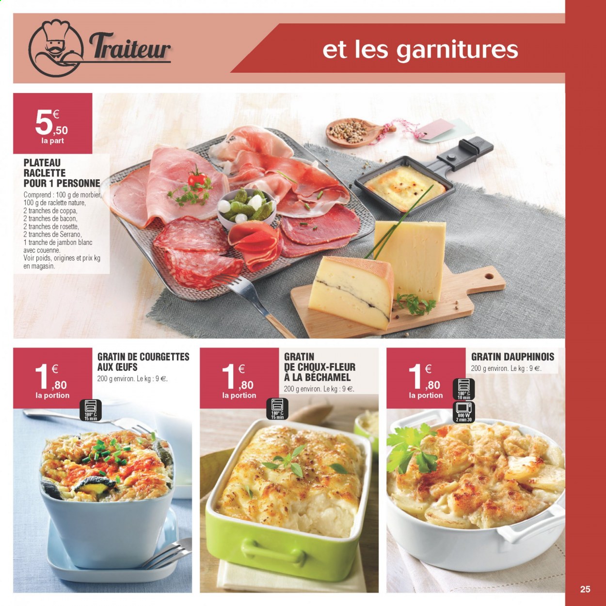 thumbnail - Catalogue E.Leclerc - Produits soldés - gratins de pommes, coppa, rosette, bacon, jambon blanc, fromage, La Raclette, Morbier, fleur. Page 25.