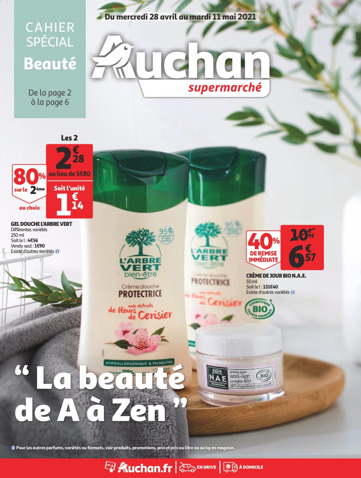 thumbnail - Catalogue Auchan - 28/04/2021 - 11/05/2021 - Produits soldés - L'Arbre Vert, crème de douche, gel douche, crème de jour, cahier. Page 1.