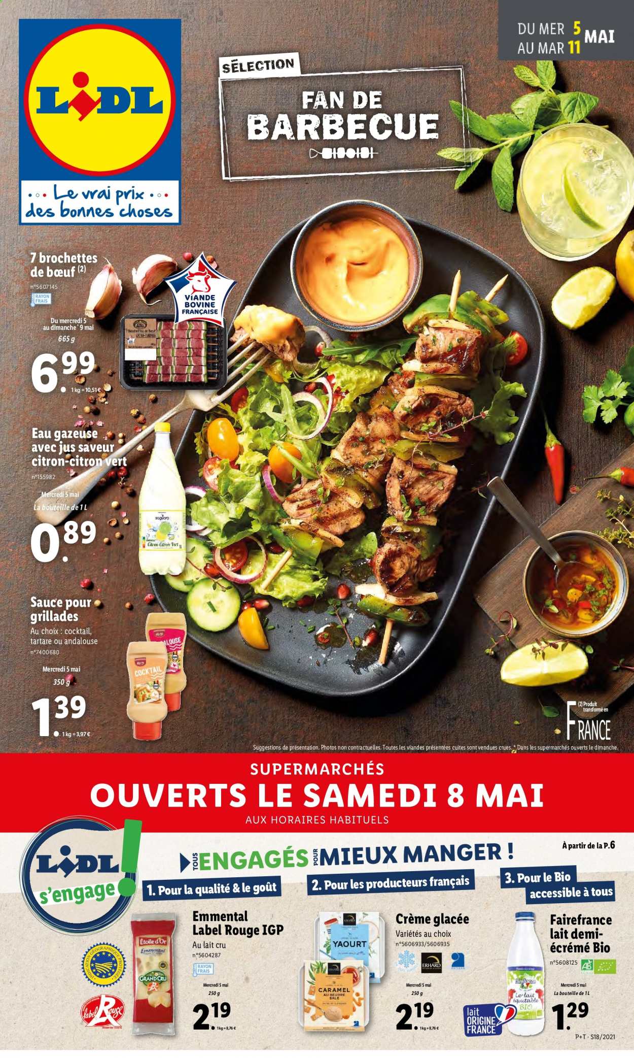 thumbnail - Catalogue Lidl - 05/05/2021 - 11/05/2021 - Produits soldés - brochettes de bœuf, emmental, fromage, glace, jus, eau gazeuse. Page 1.