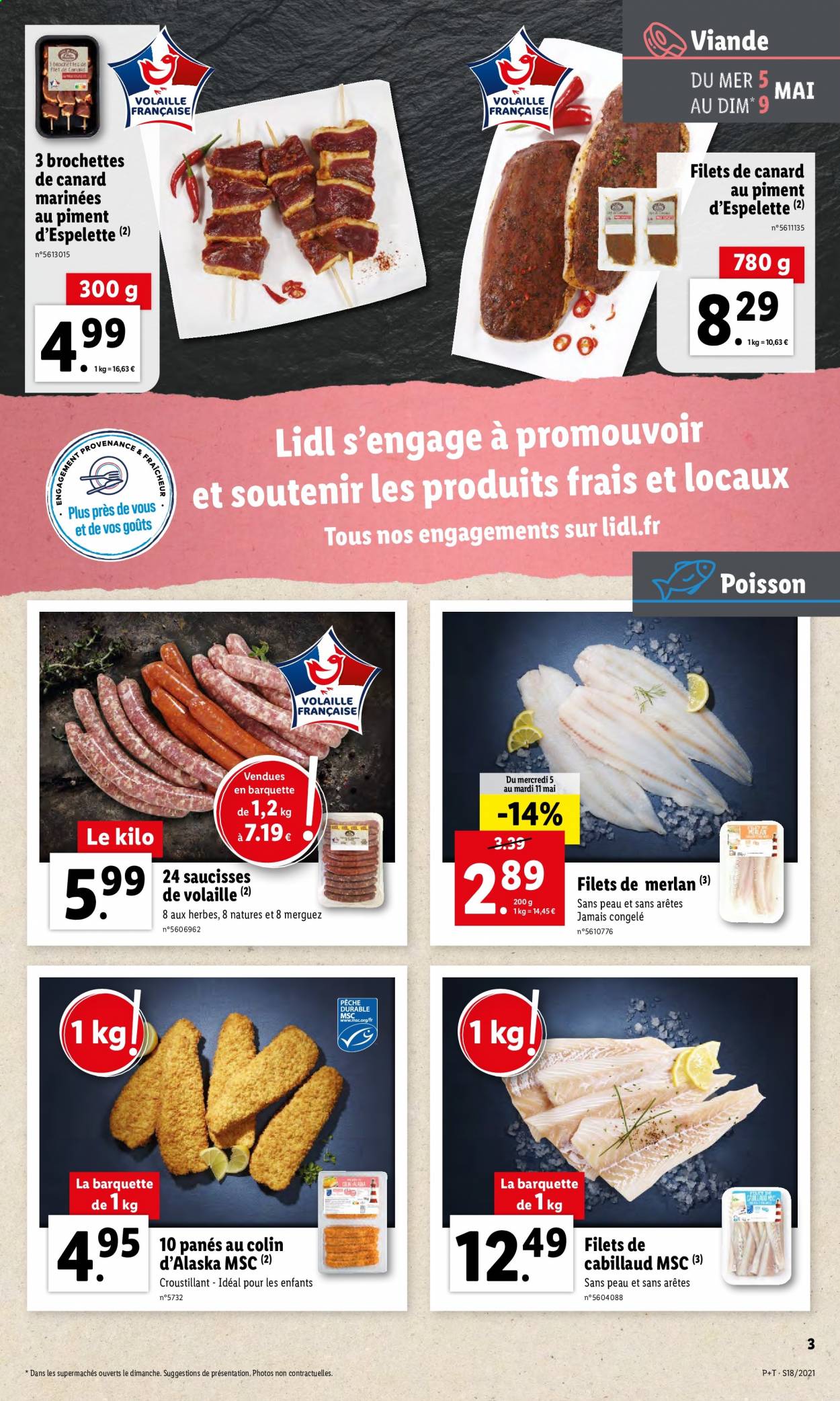 thumbnail - Catalogue Lidl - 05/05/2021 - 11/05/2021 - Produits soldés - filet de canard, cabillaud, filet de merlan, panés de poissons, merguez, saucisse. Page 3.