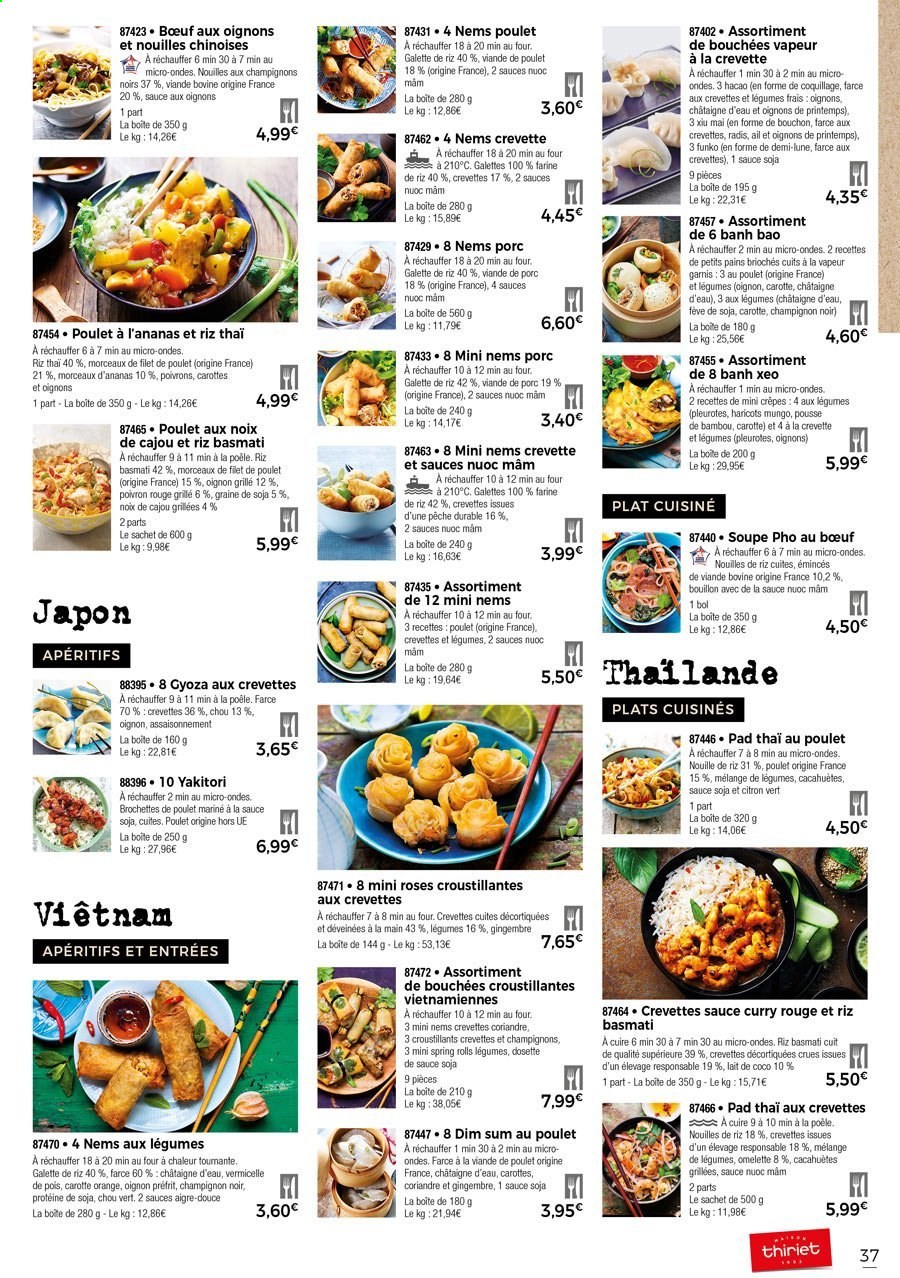 thumbnail - Catalogue Thiriet - 28/04/2021 - 26/05/2021 - Produits soldés - viande de porc, châtaigne, châtaigne d'eau, chou, radis, bouchées, brioche, galettes, crêpes, filet de poulet, viande de poulet, gyoza, nouilles, nouilles chinoises, plat cuisiné, nems, lait de coco, haricots, cacahuètes, farine, bouillon, noix de cajou. Page 34.