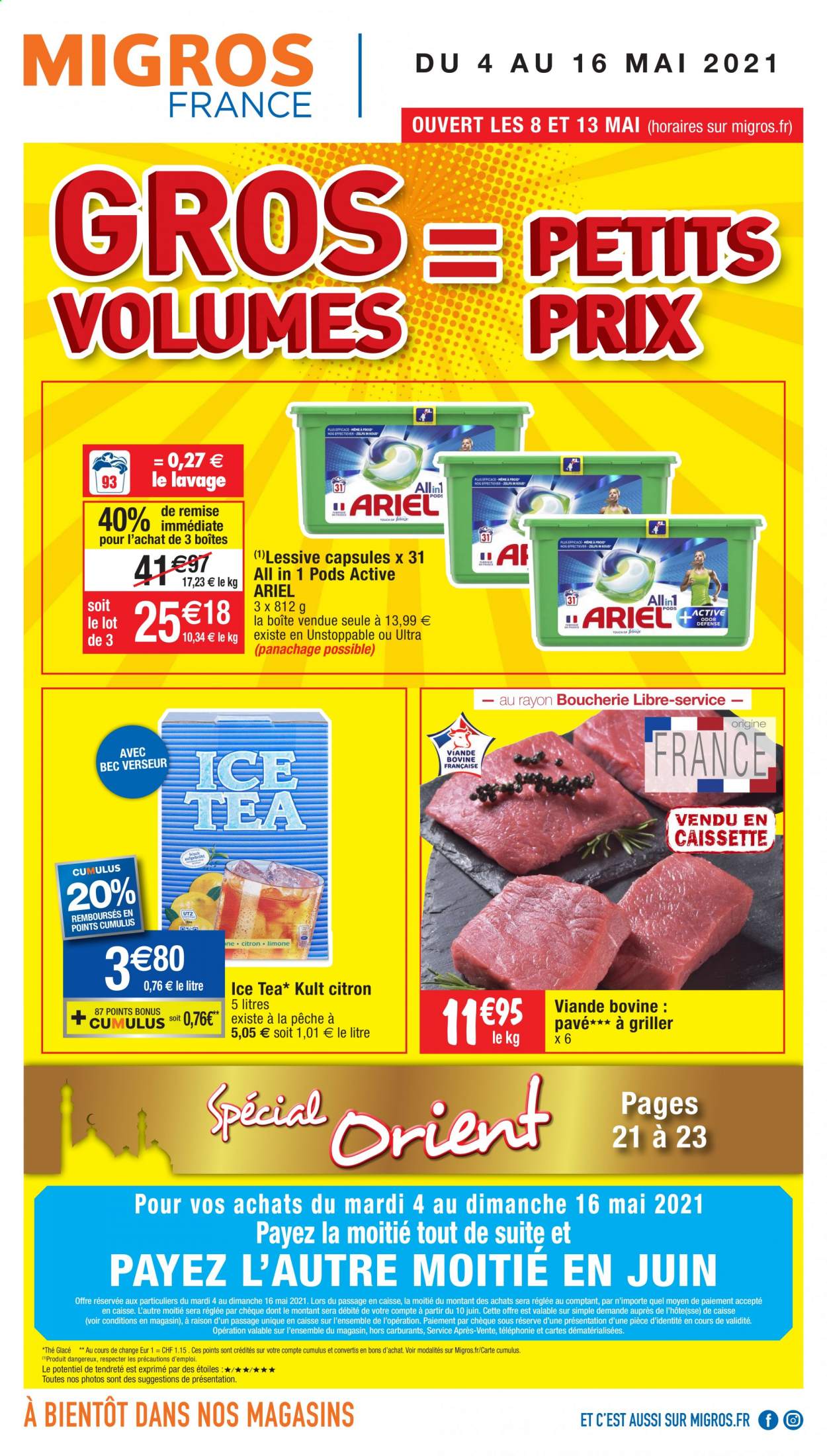 thumbnail - Catalogue Migros France - 04/05/2021 - 16/05/2021 - Produits soldés - thé glacé, thé, Ariel, lessive. Page 1.
