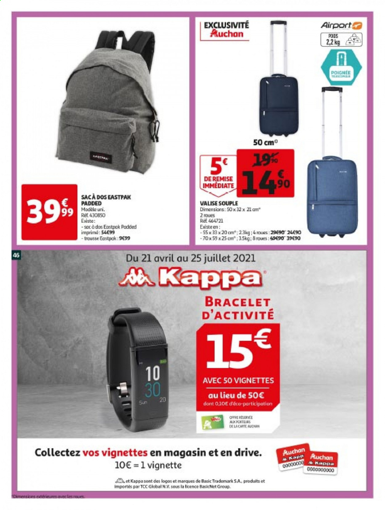 thumbnail - Catalogue Auchan - 05/05/2021 - 11/05/2021 - Produits soldés - Kappa, trousse, bracelet d'activité, valise, sac à dos. Page 46.