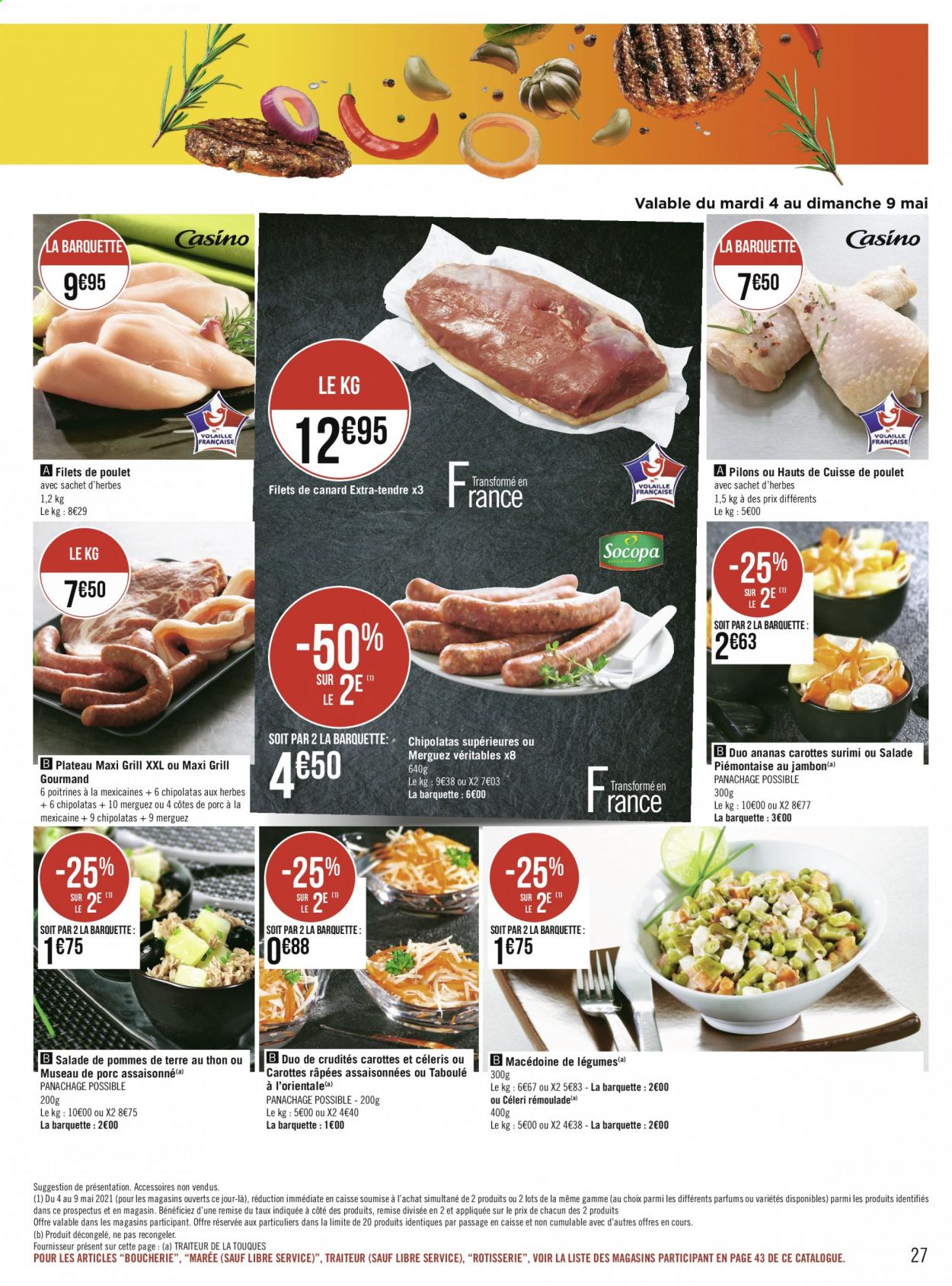 thumbnail - Catalogue Géant Casino - 03/05/2021 - 16/05/2021 - Produits soldés - côtes de porc, viande de porc, ananas, salade, filet de poulet, viande de poulet, filet de canard, cuisse de poulet, macédoine de légumes, merguez, chipolata. Page 27.