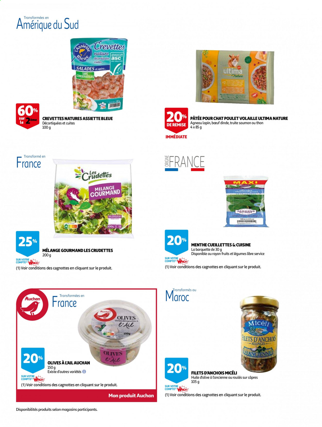 thumbnail - Catalogue Auchan - 05/05/2021 - 23/05/2021 - Produits soldés - crevettes, thon, truite, menthe, huile, huile d'olive, assiette. Page 12.