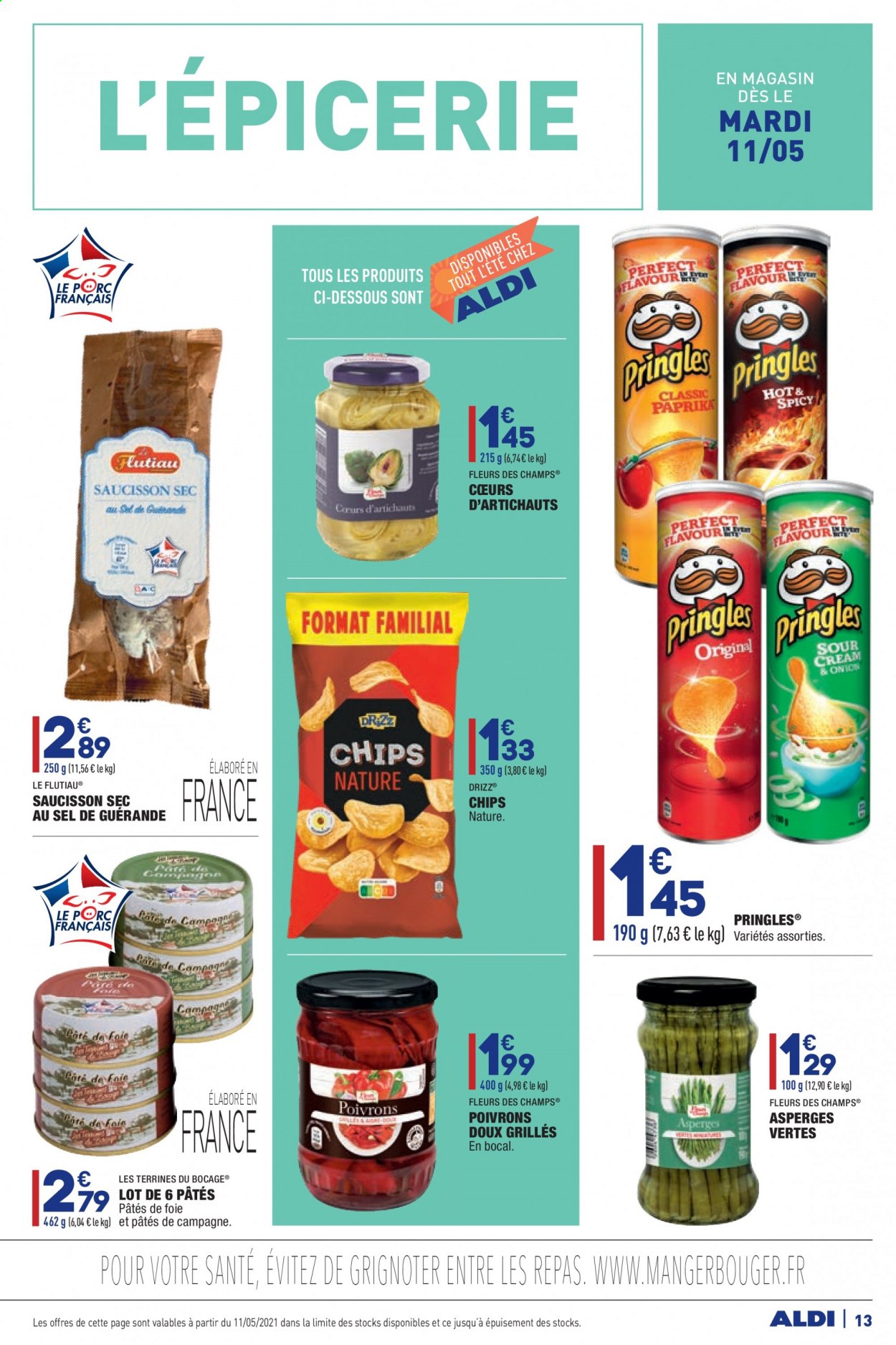 thumbnail - Catalogue ALDI - 11/05/2021 - 17/05/2021 - Produits soldés - artichaut, poivrons, saucisson, terrine, chips, Pringles, fleur. Page 15.