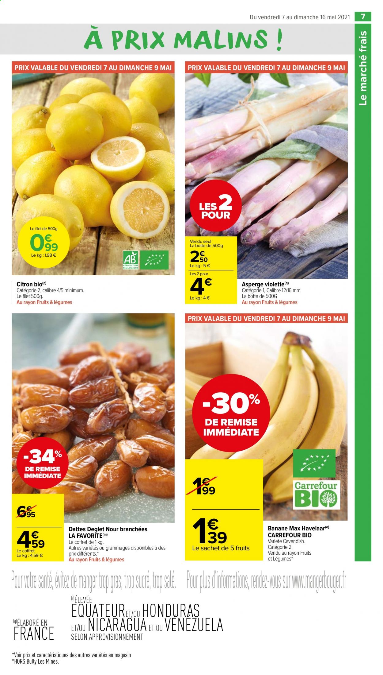 thumbnail - Catalogue Carrefour Market - 07/05/2021 - 16/05/2021 - Produits soldés - bananes, citron, asperge, datte. Page 7.