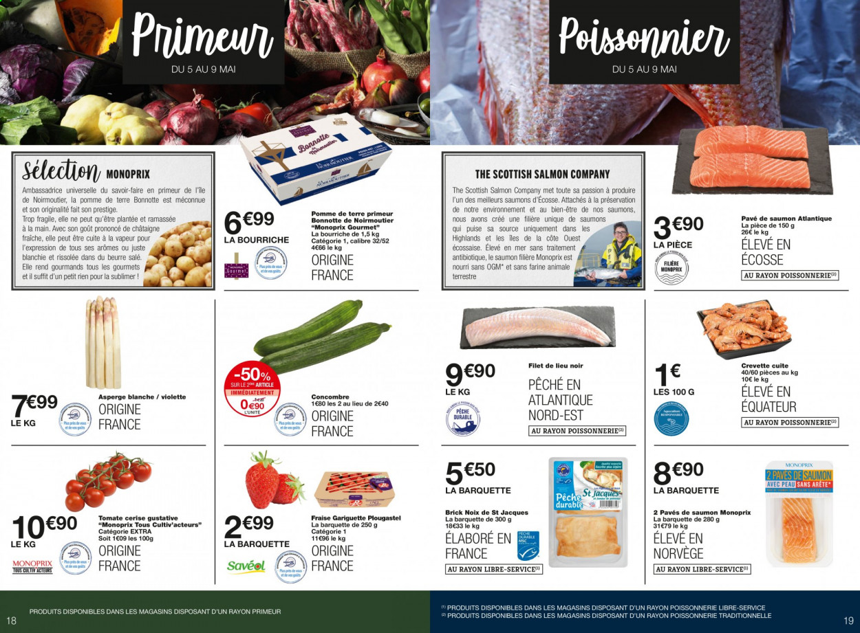 thumbnail - Catalogue Monoprix - 05/05/2021 - 23/05/2021 - Produits soldés - asperge, concombre, saumon, crevettes, filet de lieu, pavés de saumon, beurre, farine. Page 10.