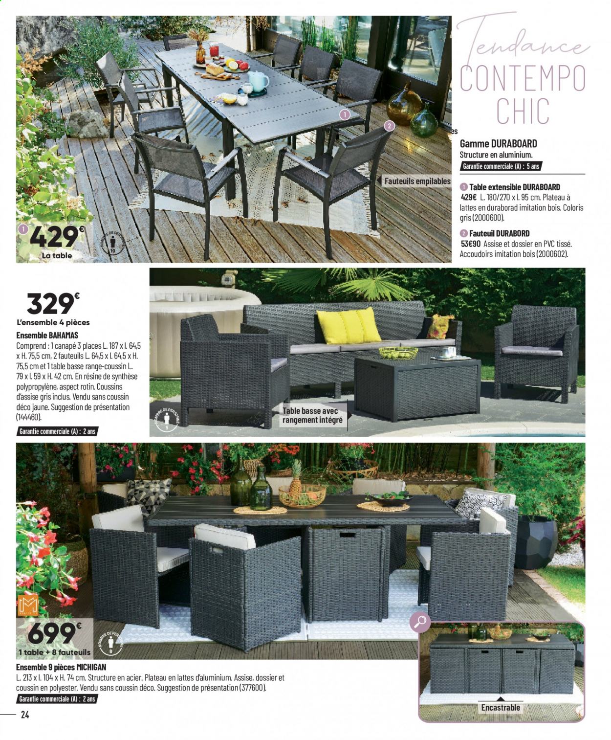 thumbnail - Catalogue Bricorama - 08/05/2021 - 27/06/2021 - Produits soldés - table, table extensible, canapé 3 places, fauteuil, table basse. Page 24.