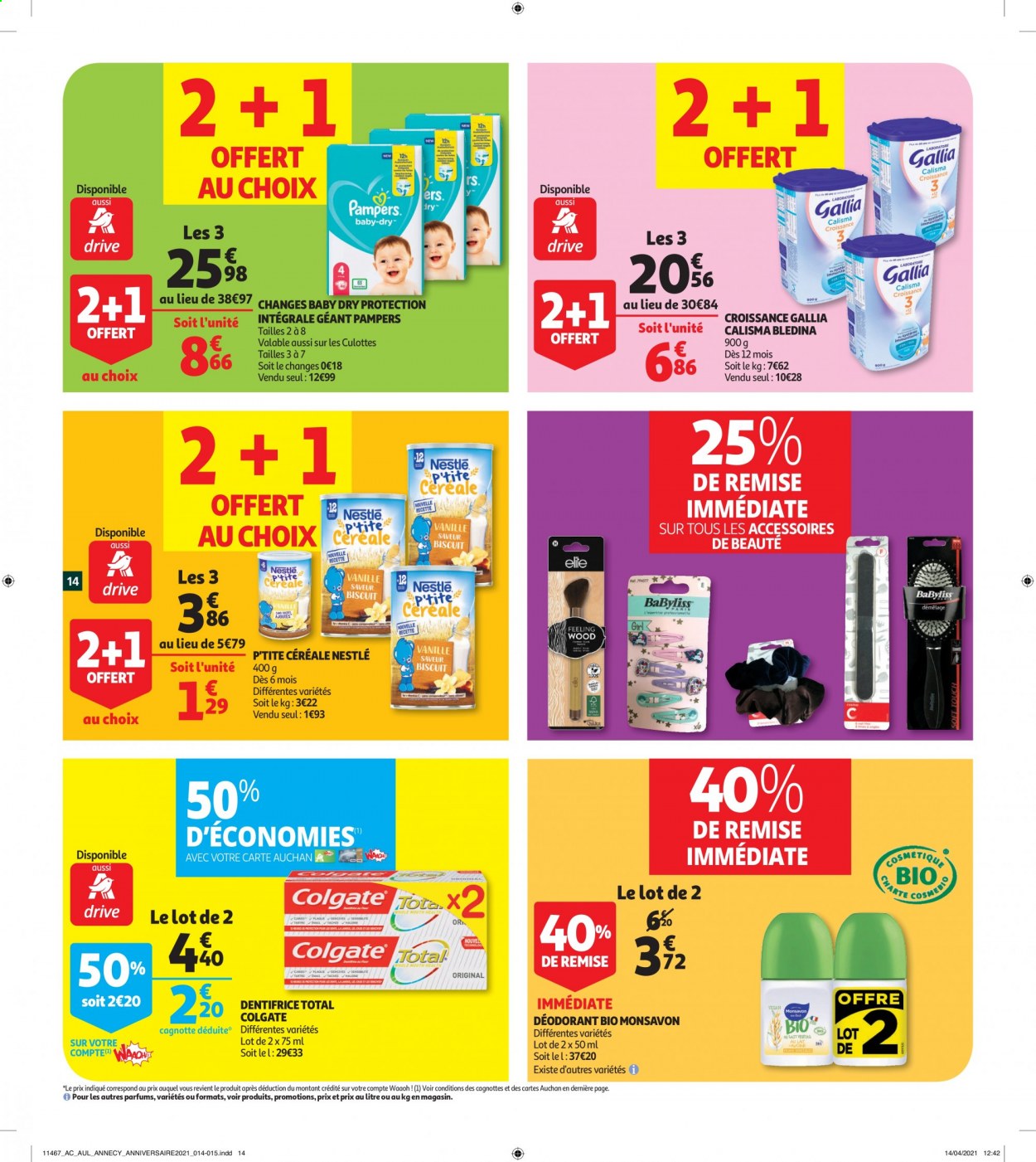 thumbnail - Catalogue Auchan - 12/05/2021 - 18/05/2021 - Produits soldés - Nestlé, biscuits, Blédina, Pampers, Colgate, dentifrice, Babyliss, déodorant, desodorisant, culotte. Page 14.