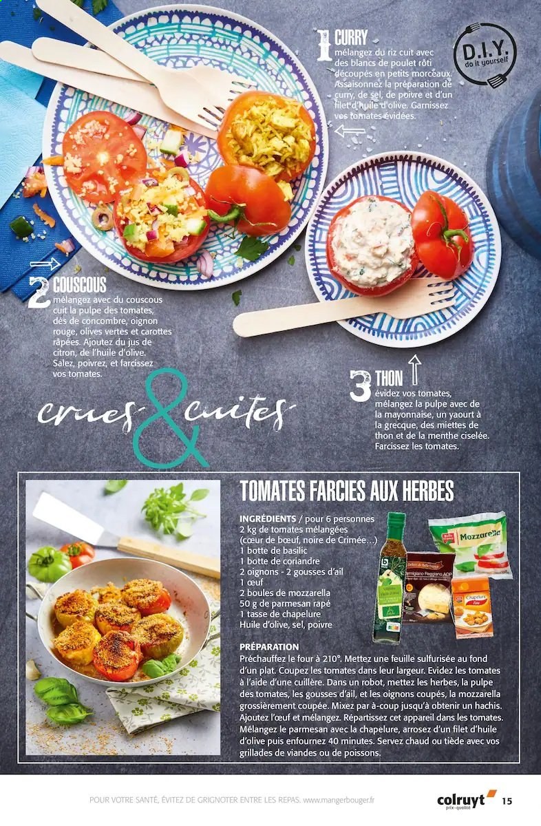 thumbnail - Catalogue Colruyt - 12/05/2021 - 31/08/2021 - Produits soldés - oignons, chapelure, thon, tomate farcie, poulet rôti, yaourt, olives vertes, couscous, curry. Page 15.