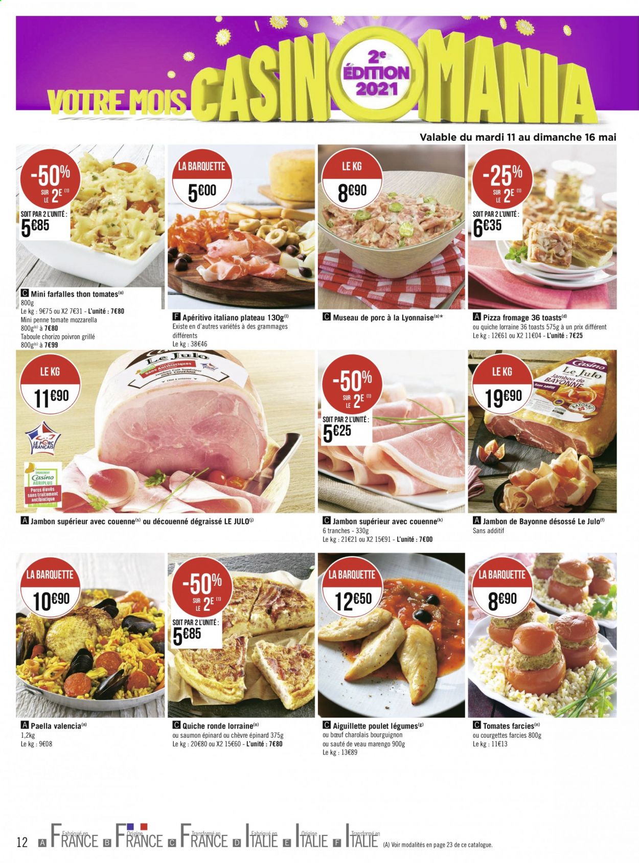 thumbnail - Catalogue Géant Casino - 10/05/2021 - 23/05/2021 - Produits soldés - quiche, toast, poulet, viande de veau, tomate farcie, paella, chorizo, pâtes. Page 12.