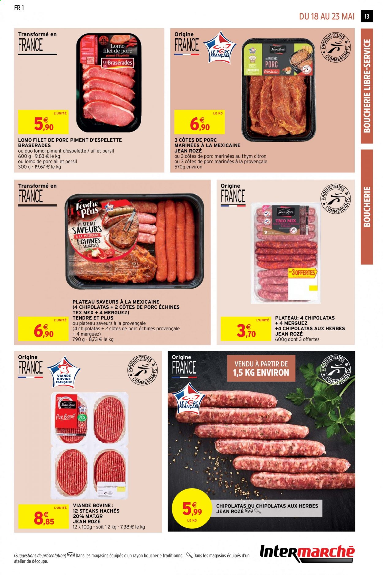 thumbnail - Catalogue Intermarché Hyper - 18/05/2021 - 23/05/2021 - Produits soldés - côtes de porc, côtes de porc échine, viande de porc, piment, steak haché, viande hachée, merguez, chipolata. Page 13.