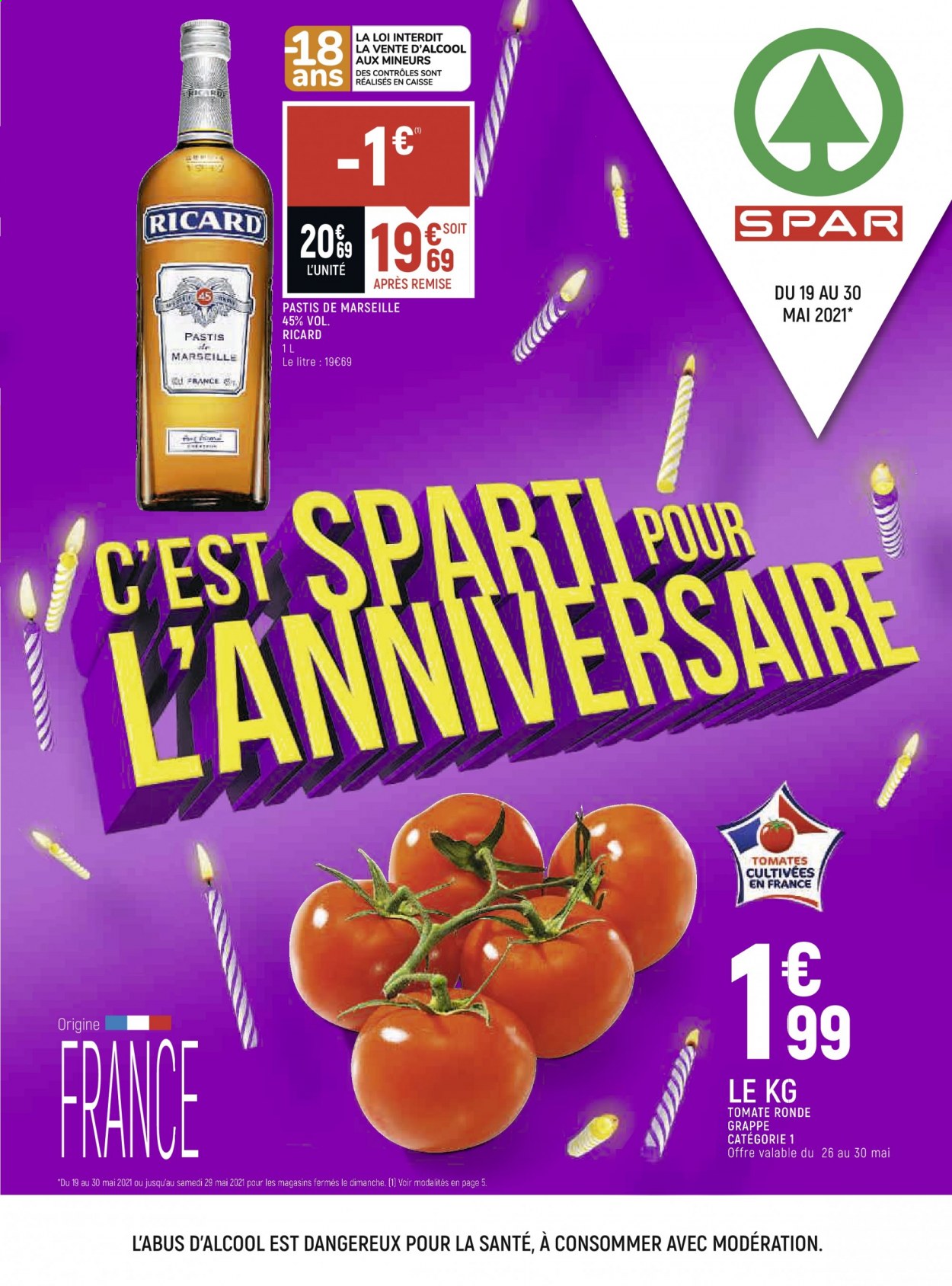 thumbnail - Catalogue SPAR - 19/05/2021 - 30/05/2021 - Produits soldés - tomates, pastis. Page 1.