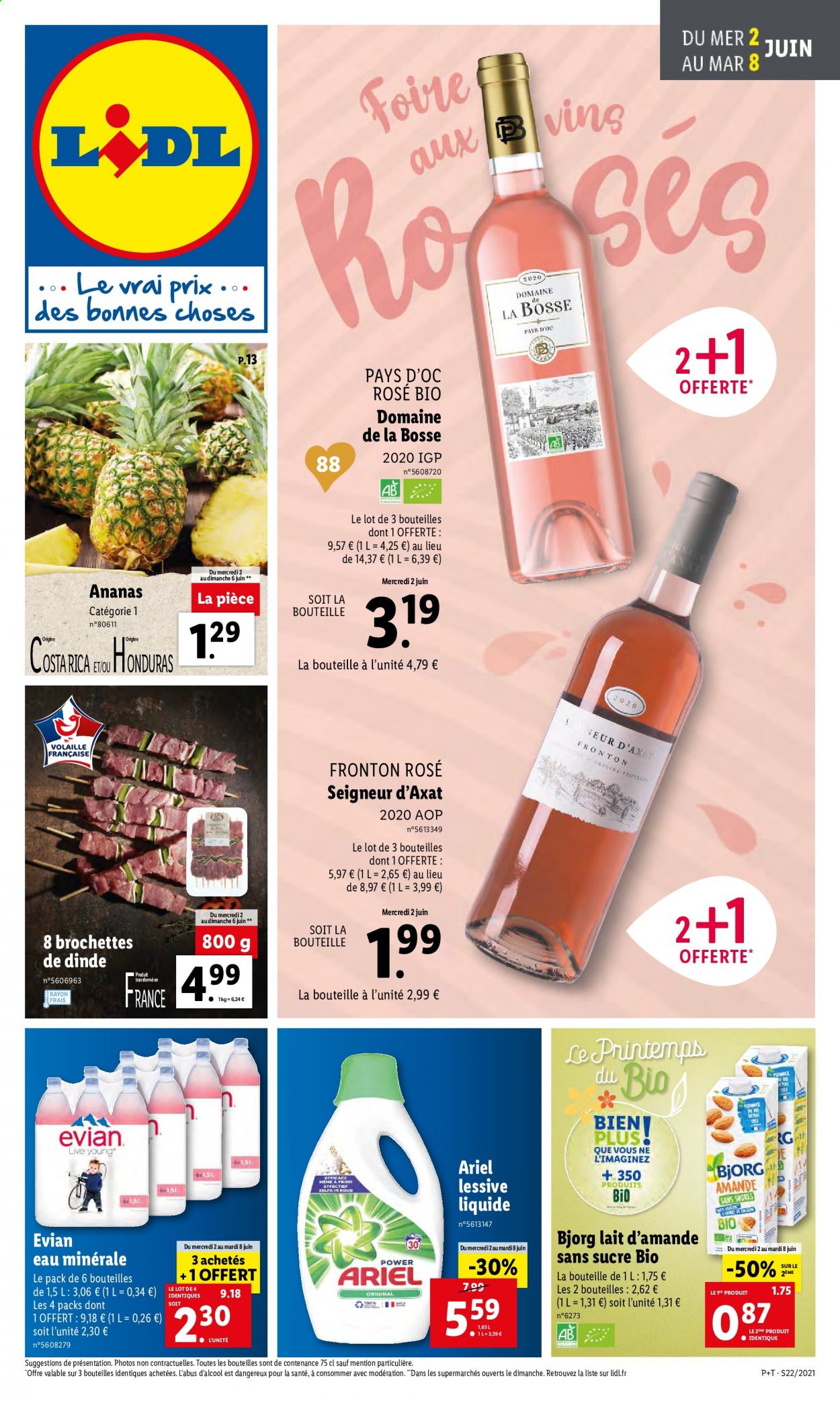 thumbnail - Catalogue Lidl - 02/06/2021 - 08/06/2021 - Produits soldés - ananas, Bjorg, eau minérale, Évian, Ariel, lessive. Page 1.