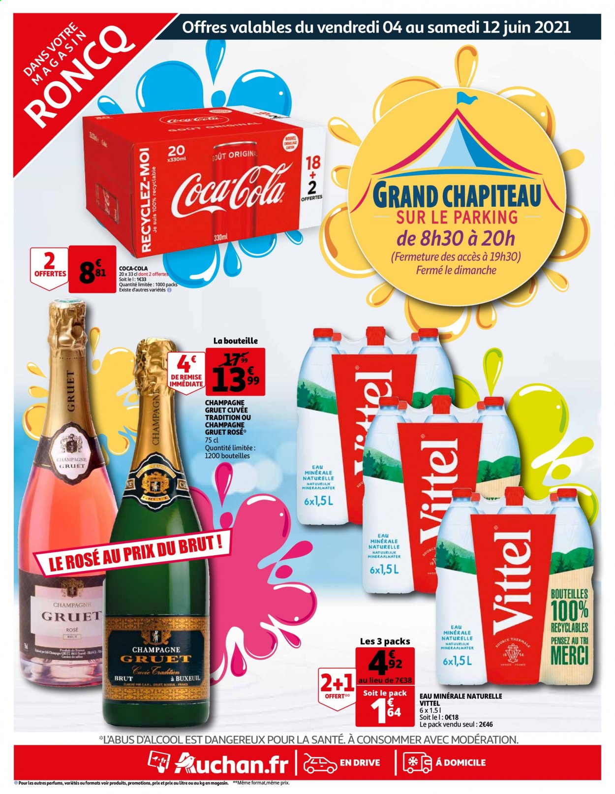 thumbnail - Catalogue Auchan - 04/06/2021 - 12/06/2021 - Produits soldés - Coca-Cola, eau minérale, eau minérale naturelle, Vittel, champagne. Page 1.