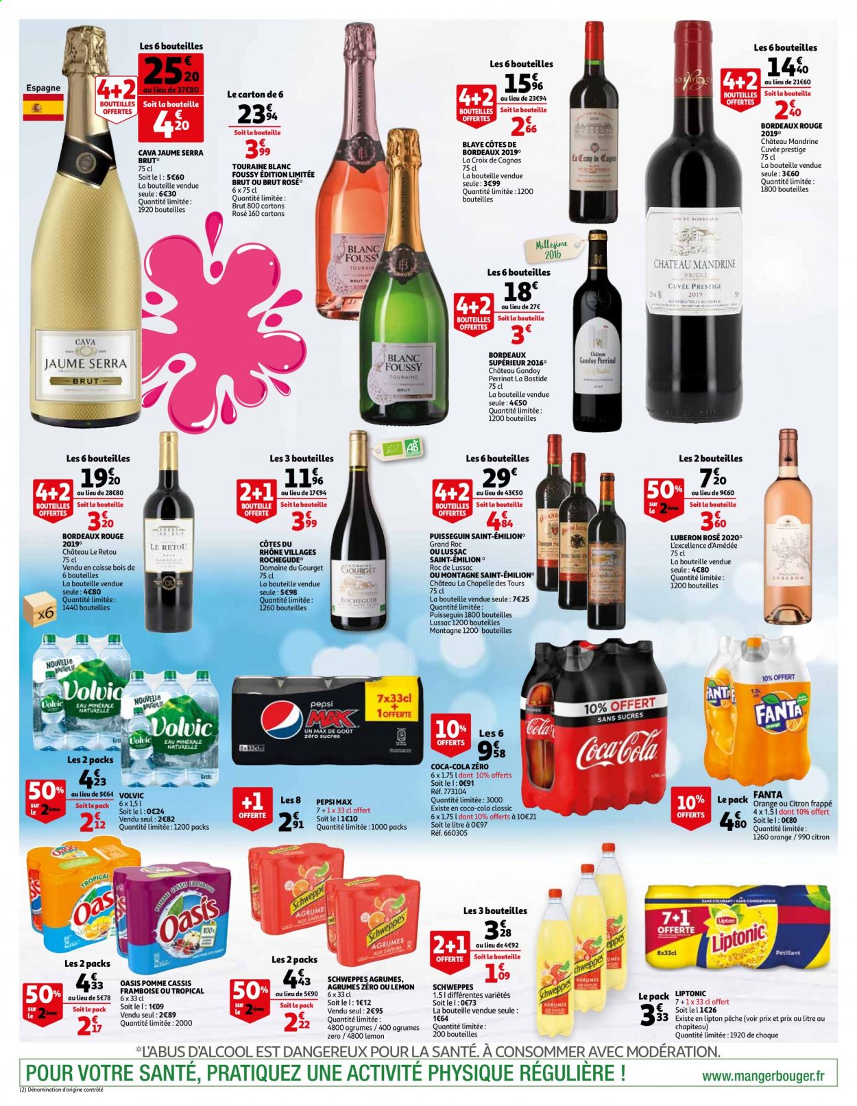 thumbnail - Catalogue Auchan - 04/06/2021 - 12/06/2021 - Produits soldés - Oasis, Coca-Cola, Volvic, Lipton, Fanta, Pepsi, Schweppes, eau minérale, eau minérale naturelle, Bordeaux, Côtes du Rhône, vin rouge, vin. Page 2.