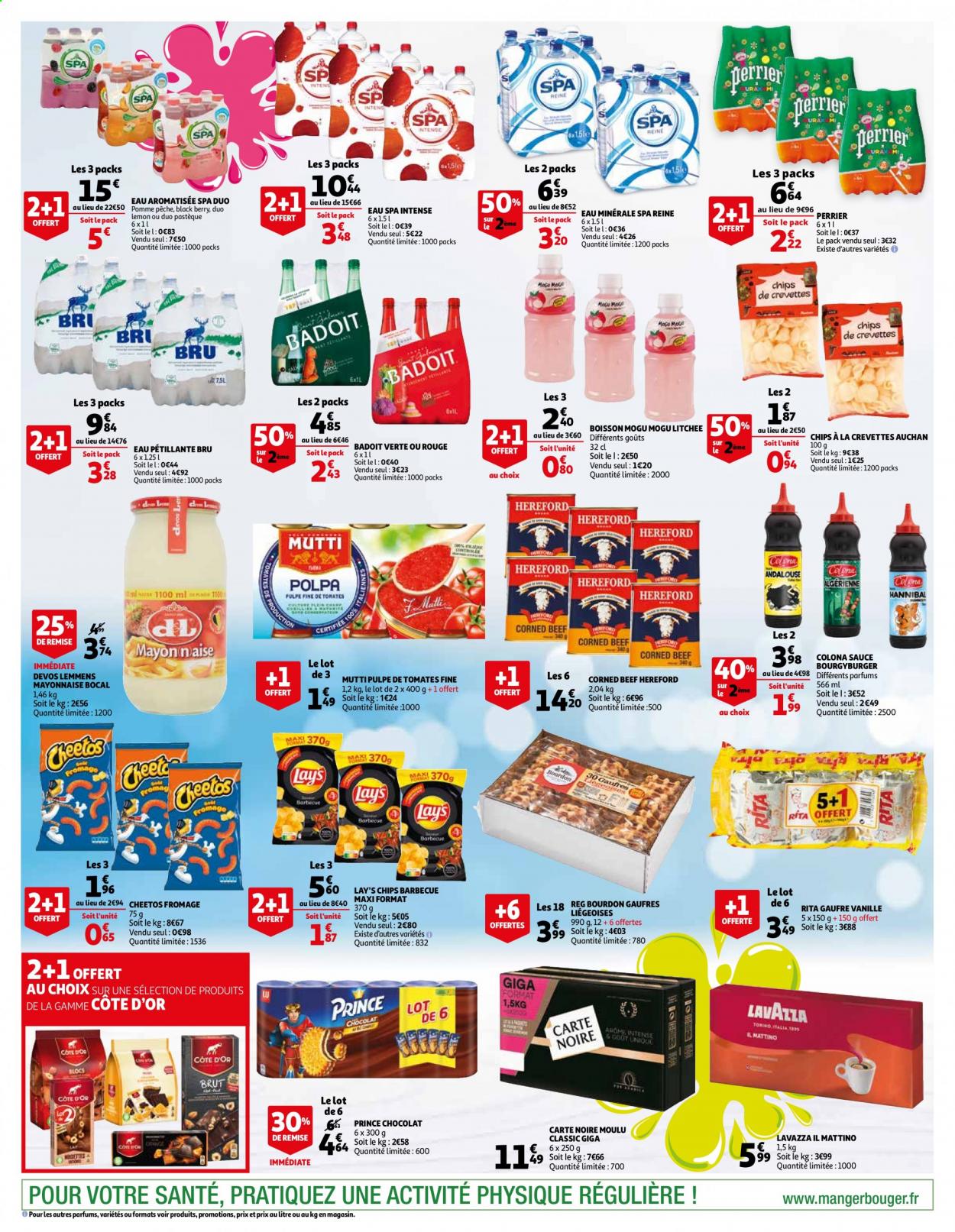 thumbnail - Catalogue Auchan - 04/06/2021 - 12/06/2021 - Produits soldés - gaufres, crevettes, fromage, mayonnaise, Côte d'Or, chips, Lay’s, pulpe de tomates, Badoit, eau minérale, Perrier, Lavazza, Carte Noire, bocal. Page 3.