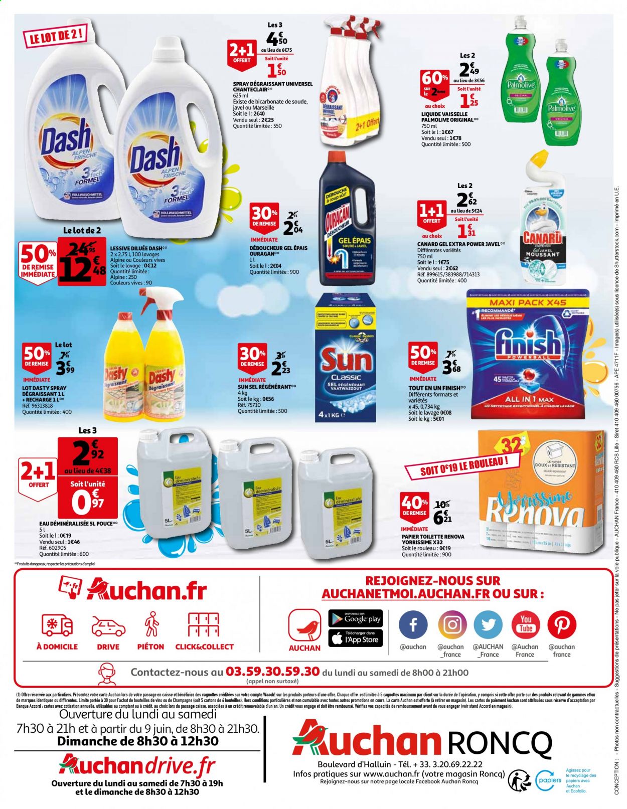 thumbnail - Catalogue Auchan - 04/06/2021 - 12/06/2021 - Produits soldés - sel, vin, papier toilette, Ouragan, déboucheur, eau déminéralisée, dégraissant, lessive, Finish, liquide vaisselle, Palmolive. Page 4.