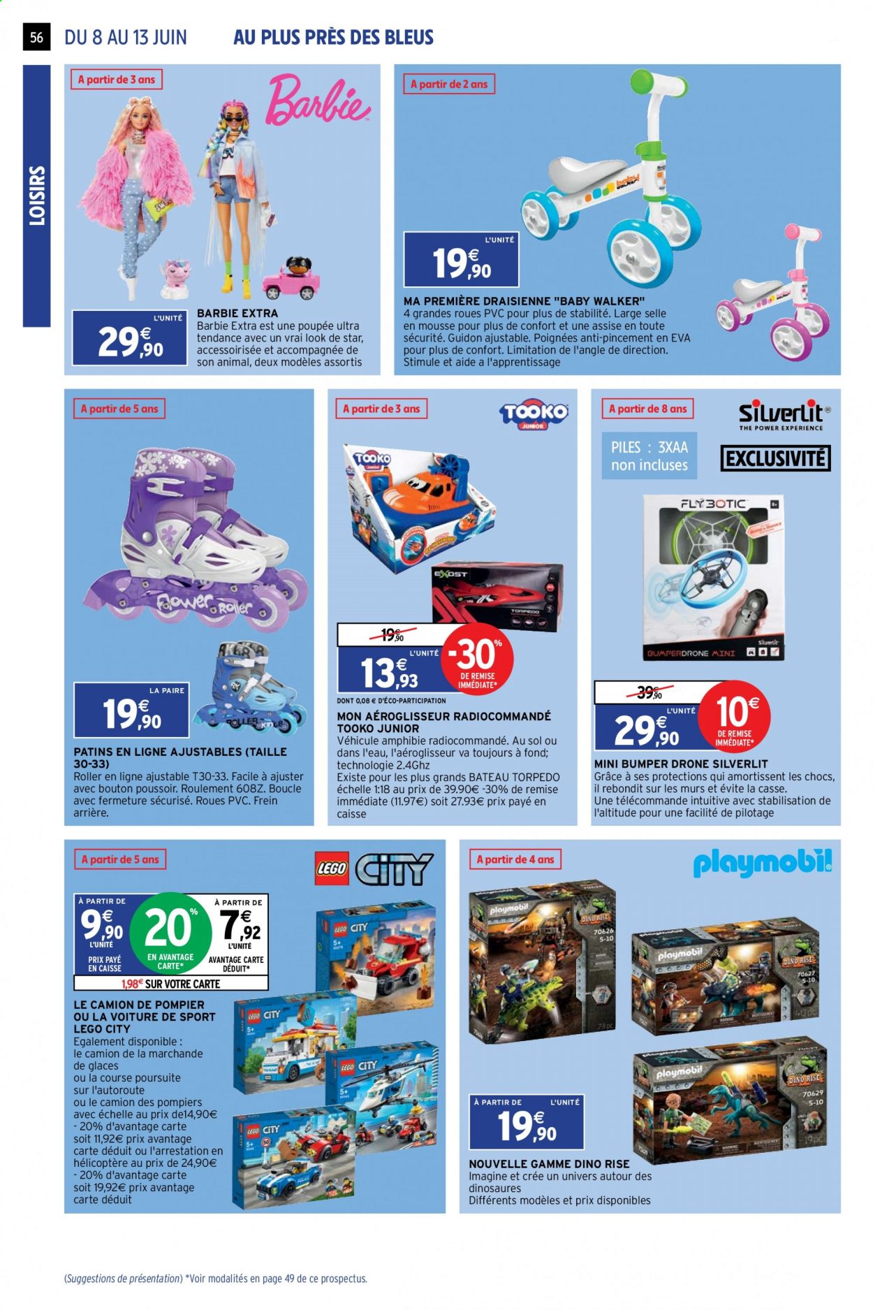 thumbnail - Catalogue Intermarché Super - 08/06/2021 - 13/06/2021 - Produits soldés - Barbie, drone, draisienne, bateau, camion, hélicoptère, poupée, Playmobil, Lego, Lego City, véhicule jouet. Page 56.