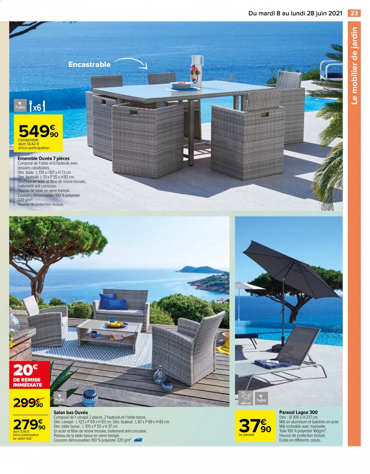 thumbnail - Catalogue Carrefour Hypermarchés - 08/06/2021 - 28/06/2021 - Produits soldés - canapé 2 places, fauteuil, table basse, parasol. Page 23.