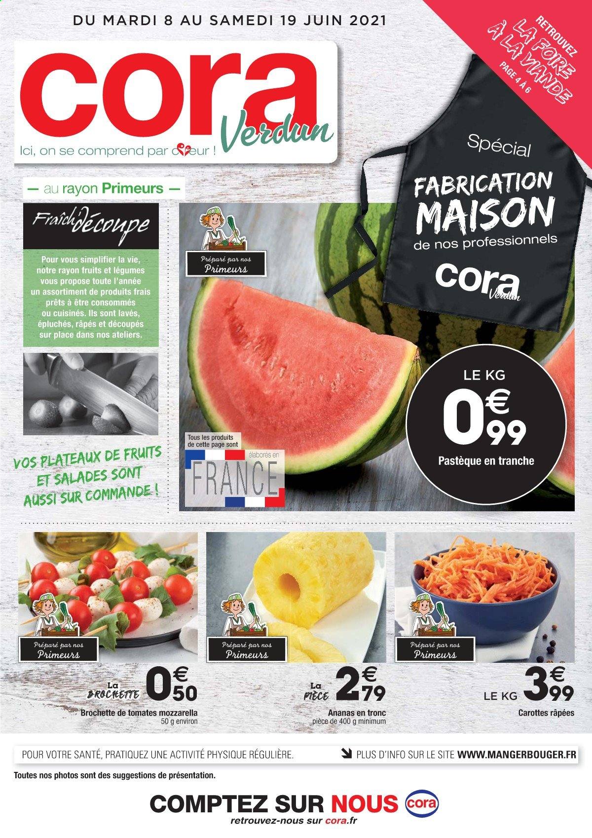 thumbnail - Catalogue Cora - 08/06/2021 - 19/06/2021 - Produits soldés - ananas, carotte, pastèque, fromage, mozzarella, maison. Page 1.