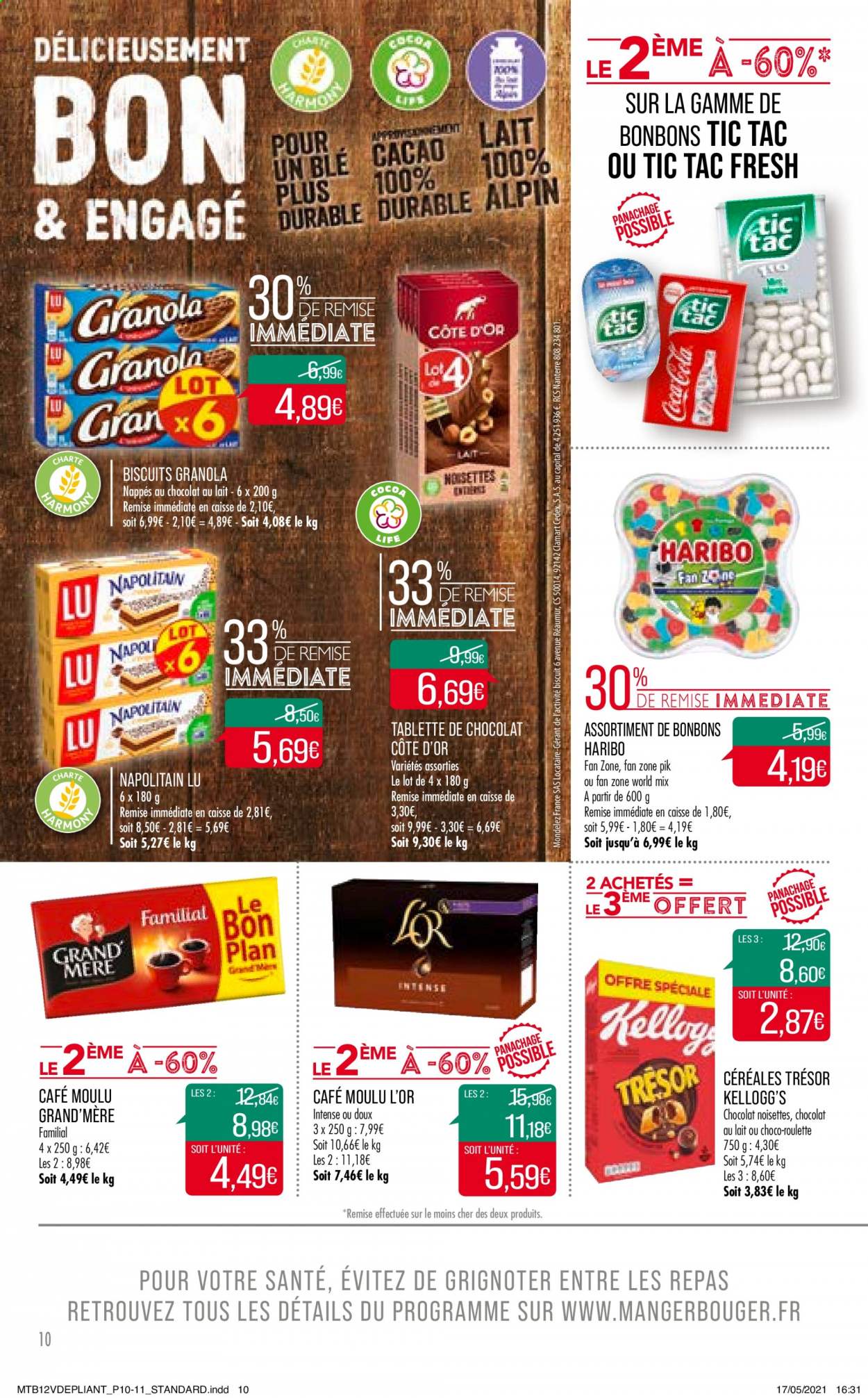 thumbnail - Catalogue Supermarché Match - 08/06/2021 - 20/06/2021 - Produits soldés - biscuits, granola, Kellogg's, Napolitain, Côte d'Or, LU, céréales, café, café moulu. Page 10.