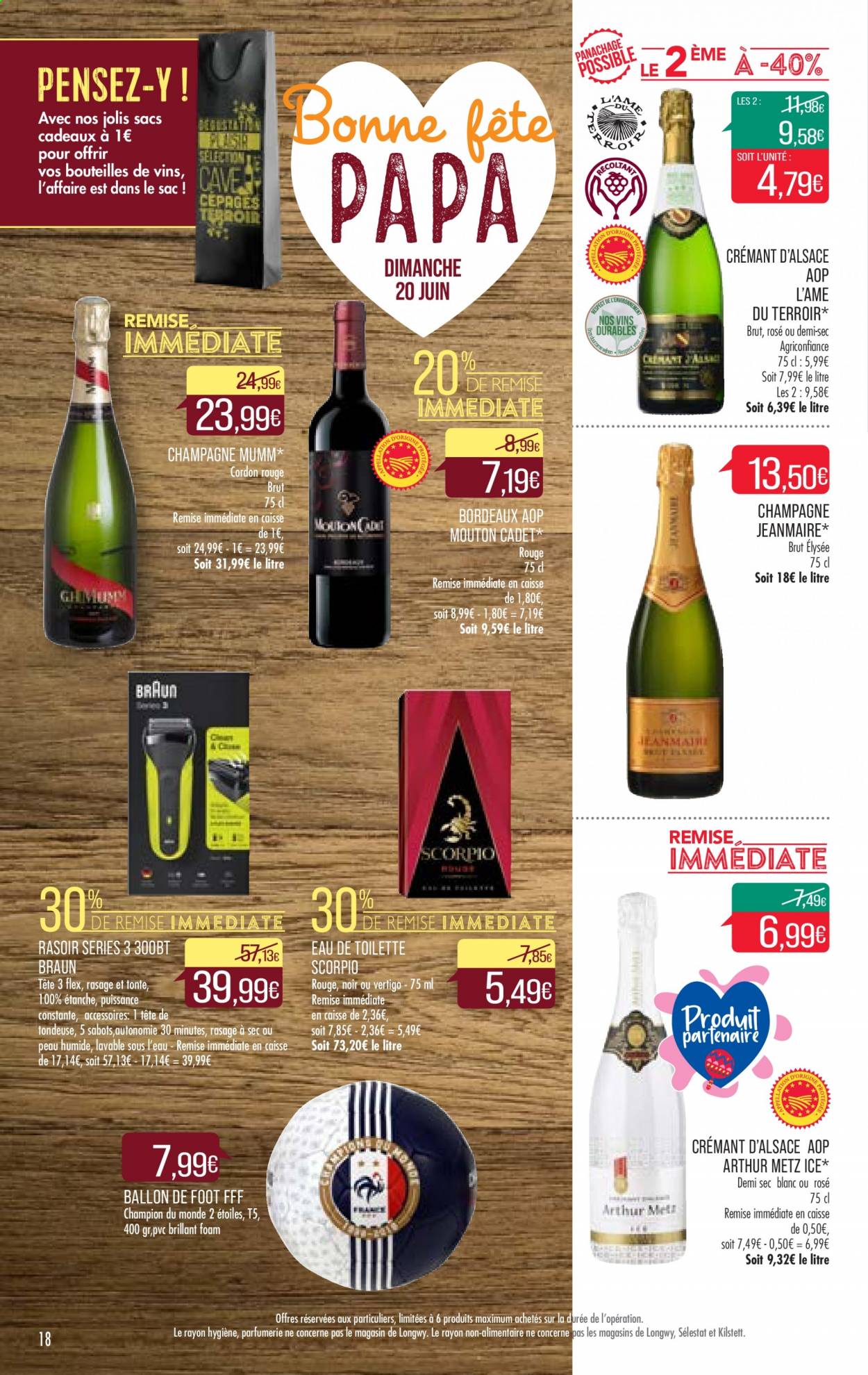 thumbnail - Catalogue Supermarché Match - 08/06/2021 - 20/06/2021 - Produits soldés - alcool, Bordeaux, Crémant d’Alsace, champagne, vin rouge, vin, eau de toilette, rasoir, ballon, Braun, sac à main. Page 18.