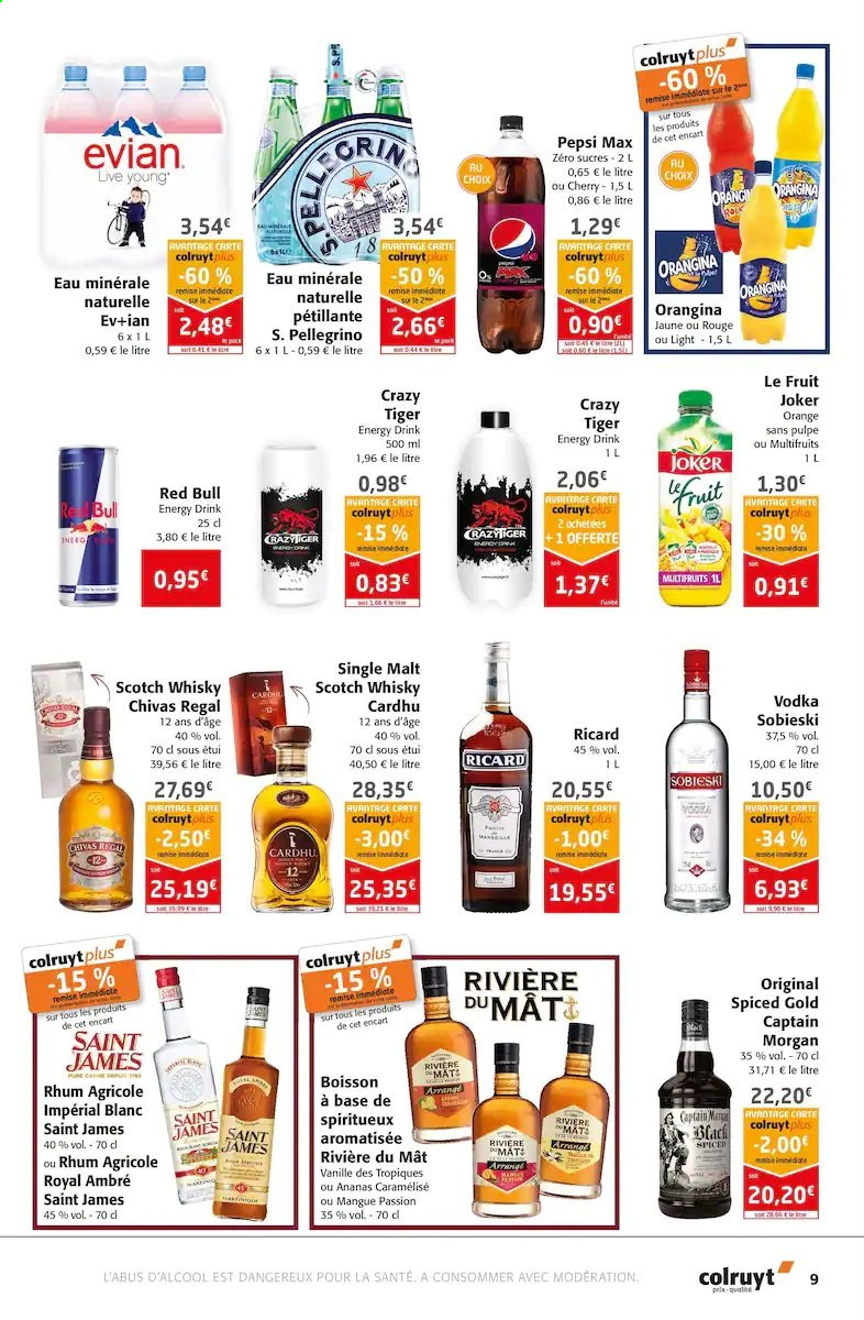 thumbnail - Catalogue Colruyt - 09/06/2021 - 20/06/2021 - Produits soldés - Joker, Pepsi, Orangina, boisson énergétique, eau minérale, eau minérale naturelle, Évian, Captain Morgan, vodka, whisky. Page 9.