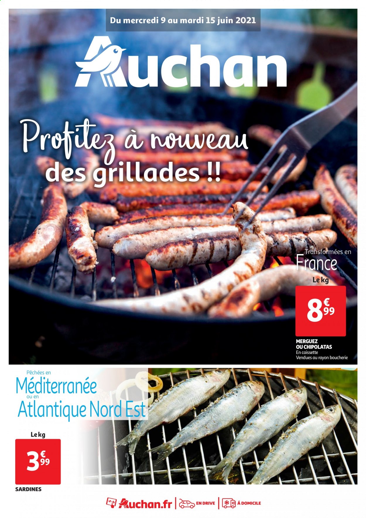 thumbnail - Catalogue Auchan - 09/06/2021 - 15/06/2021 - Produits soldés - sardines, merguez, chipolata. Page 1.