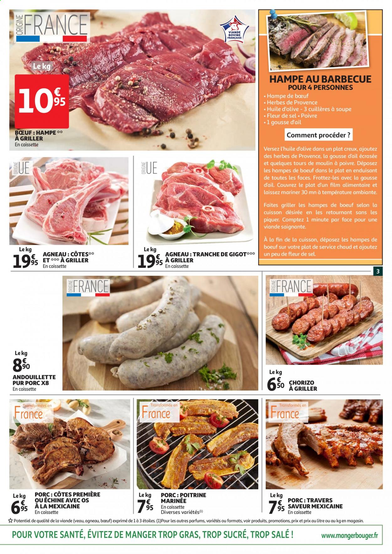 thumbnail - Catalogue Auchan - 09/06/2021 - 15/06/2021 - Produits soldés - viande de veau, hampe de bœuf, chorizo, andouillette, huile d'olive, moulin à poivre, film alimentaire. Page 3.