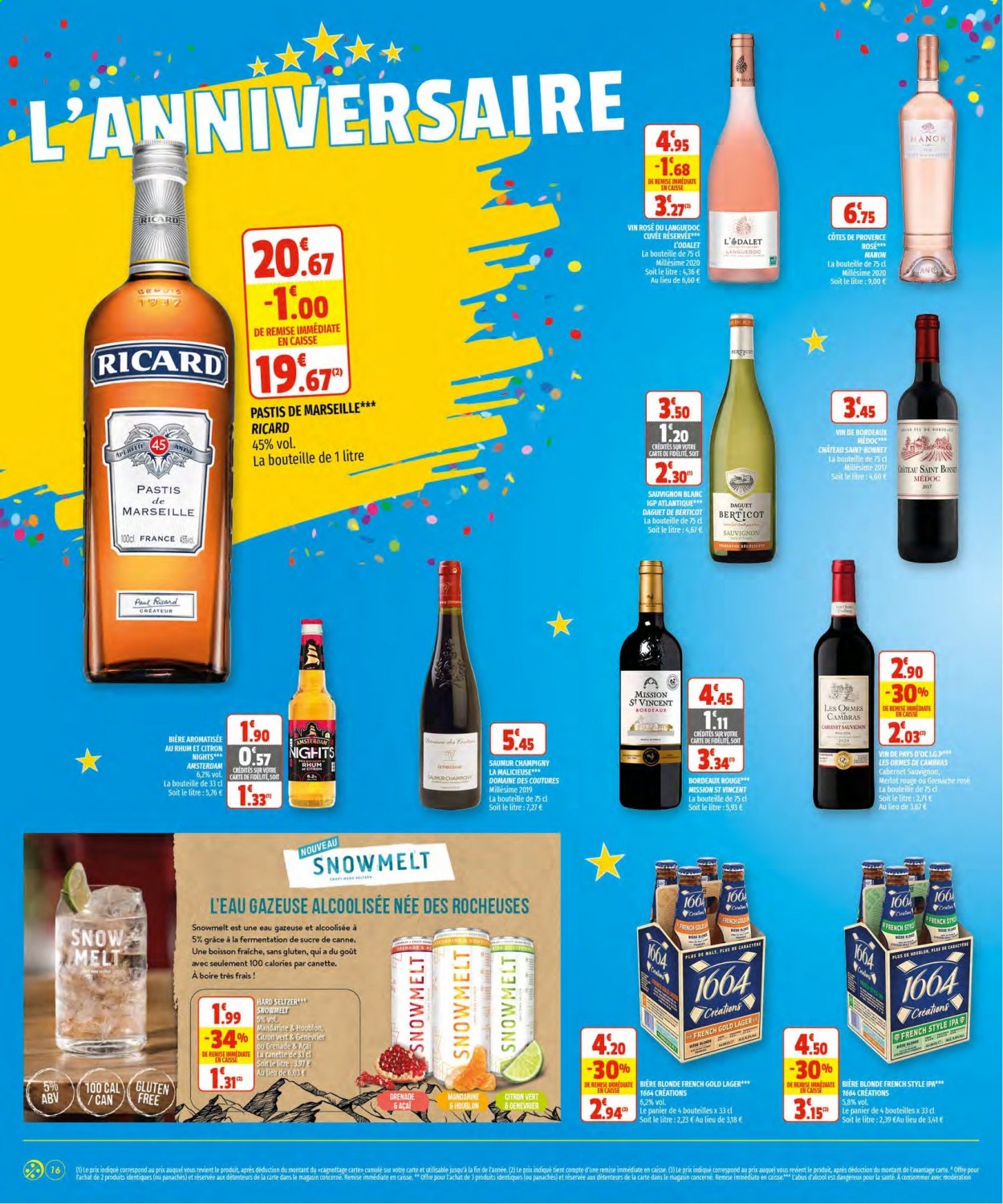 thumbnail - Catalogue Coccinelle Supermarché - 09/06/2021 - 20/06/2021 - Produits soldés - bière, bière blonde, 1664, mandarines, Bordeaux, champagne, vin blanc, vin rosé, vin rouge, Sauvignon Blanc, vin, Cabernet Sauvignon, pastis. Page 16.