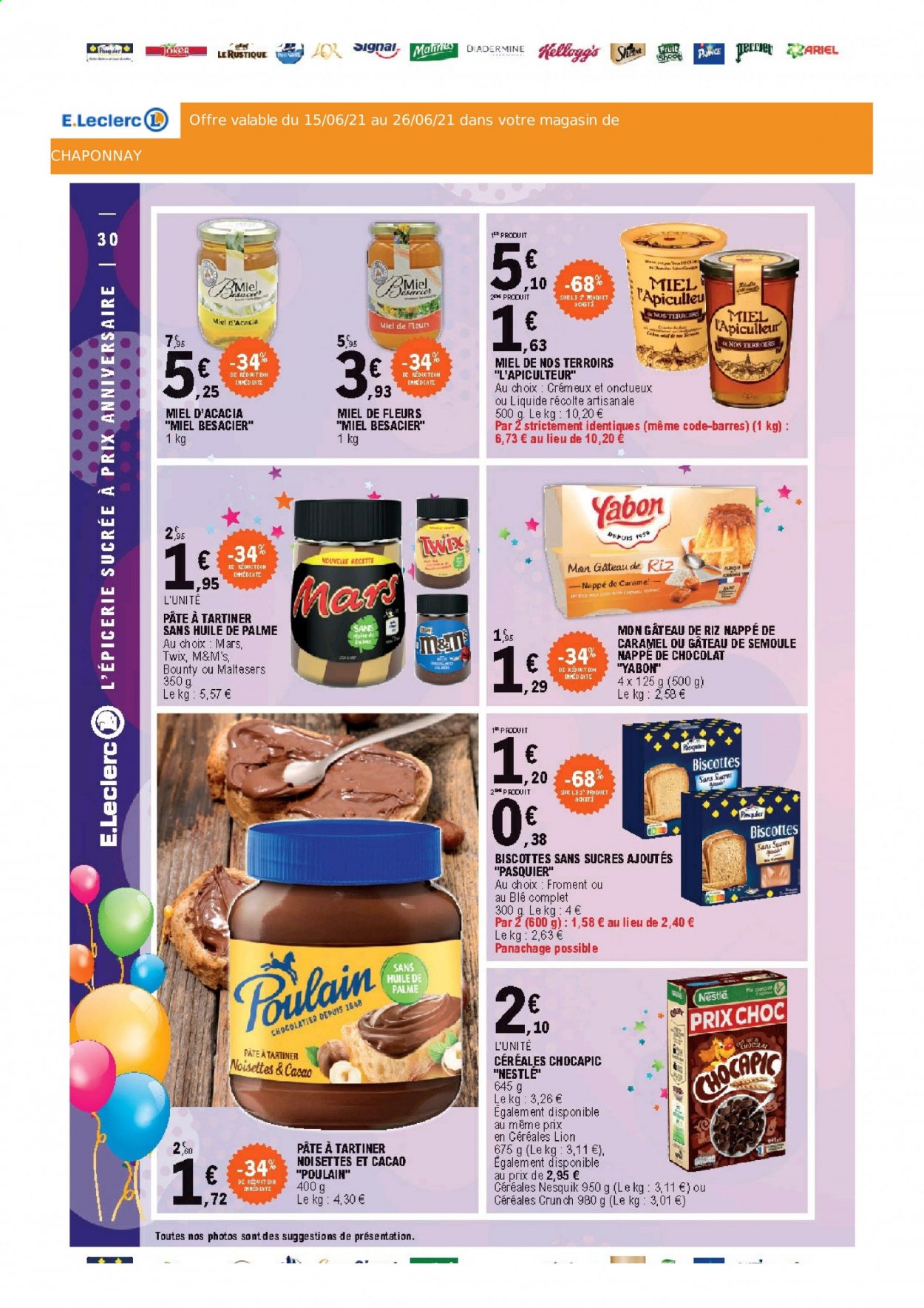 thumbnail - Catalogue E.Leclerc - 15/06/2021 - 26/06/2021 - Produits soldés - biscottes, Nestlé, Nesquik, Kellogg's, M&M's, Lion, Twix, Chocapic, miel, Ariel, Diadermine. Page 30.