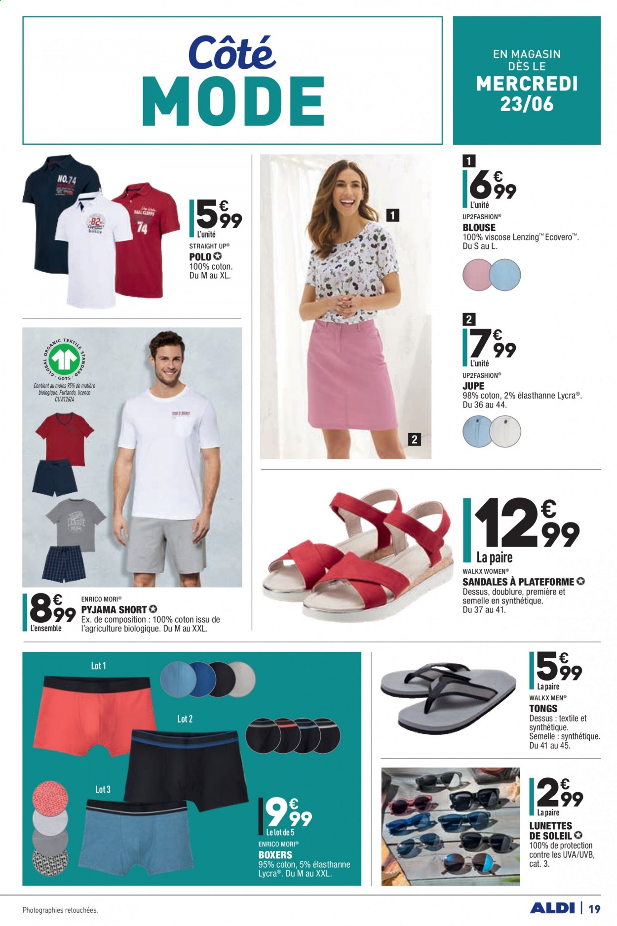 thumbnail - Catalogue ALDI - 22/06/2021 - 28/06/2021 - Produits soldés - sandales, tongs, shorts, jupe, t-shirt, pyjama, boxers, lunettes, lunettes de soleil. Page 21.
