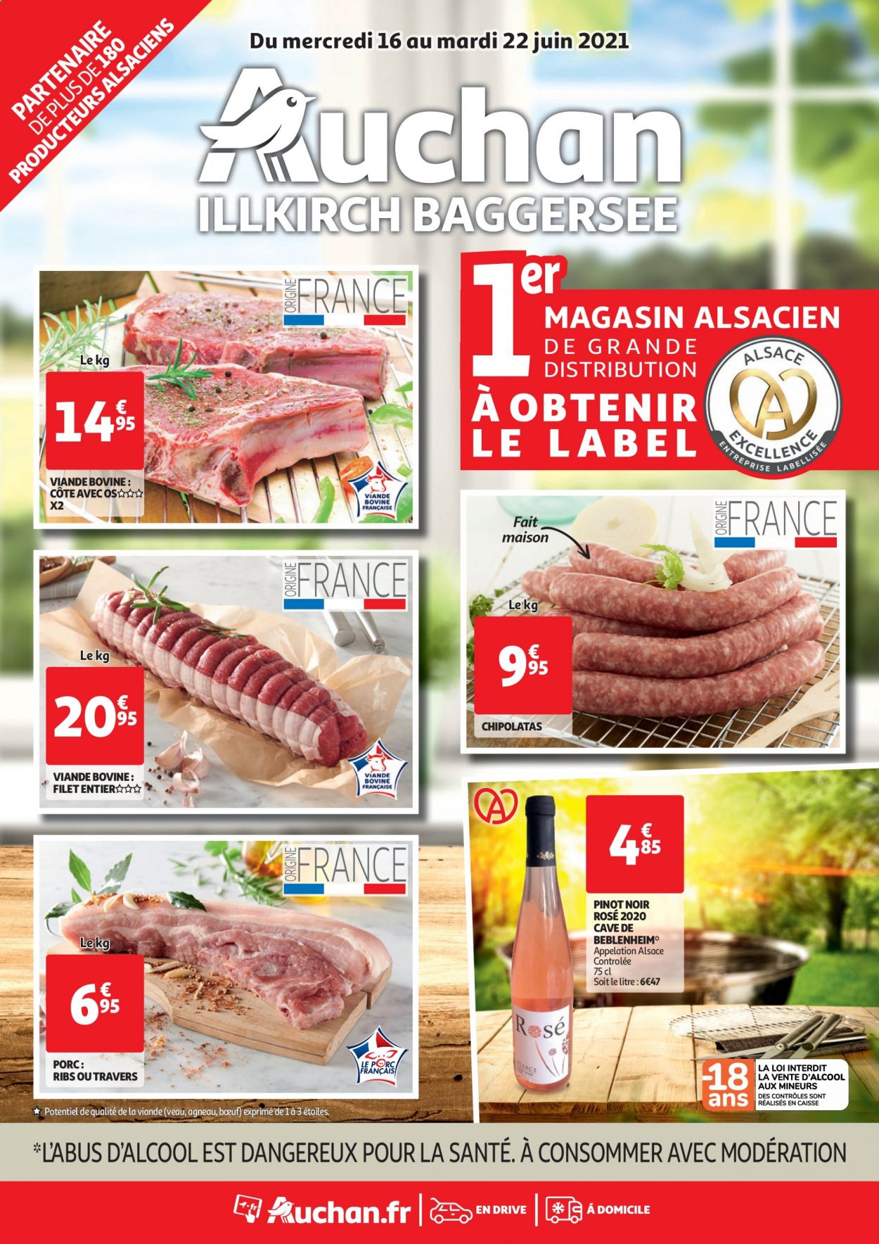 thumbnail - Catalogue Auchan - 15/06/2021 - 22/06/2021 - Produits soldés - viande de veau, chipolata, vin. Page 1.