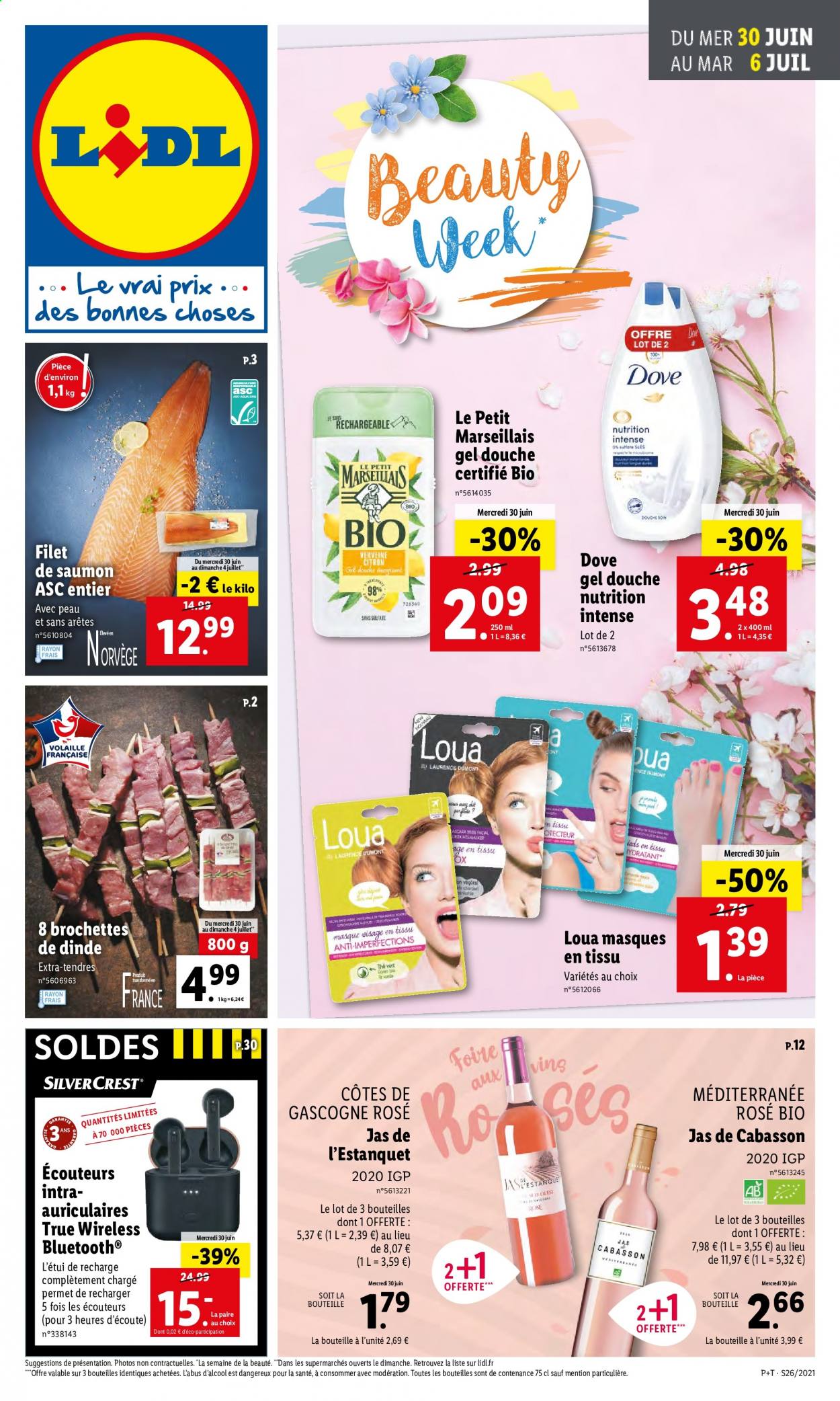 thumbnail - Catalogue Lidl - 30/06/2021 - 06/07/2021 - Produits soldés - saumon, pavés de saumon, Côtes de Gascogne, Dove, gel douche, Le Petit Marseillais, écouteurs, douche. Page 1.