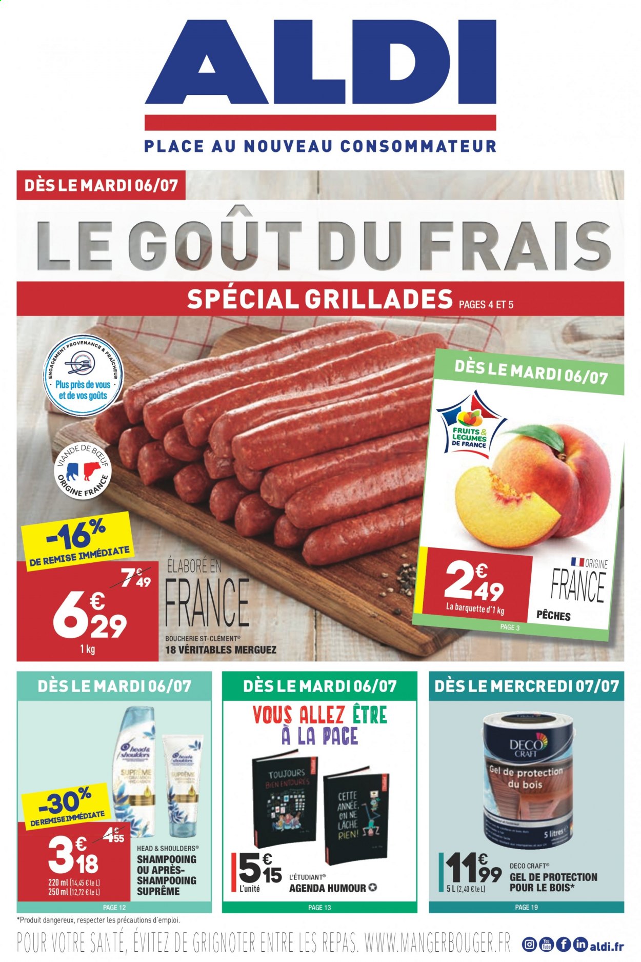 thumbnail - Catalogue ALDI - 06/07/2021 - 12/07/2021 - Produits soldés - pêche, merguez, Head & Shoulders, shampooing. Page 1.