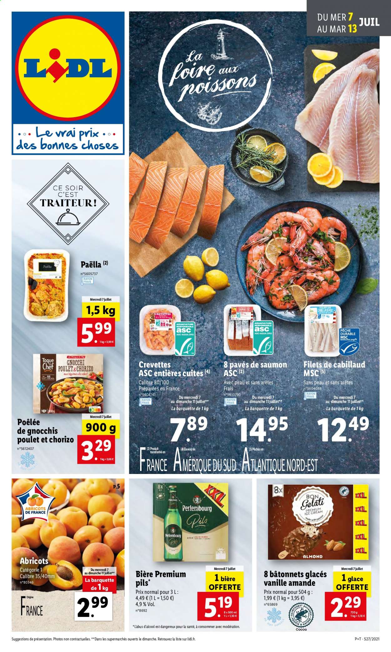 thumbnail - Catalogue Lidl - 07/07/2021 - 13/07/2021 - Produits soldés - bière, saumon, cabillaud, crevettes, pavés de saumon, gnocchi, paella, plat cuisiné. Page 1.