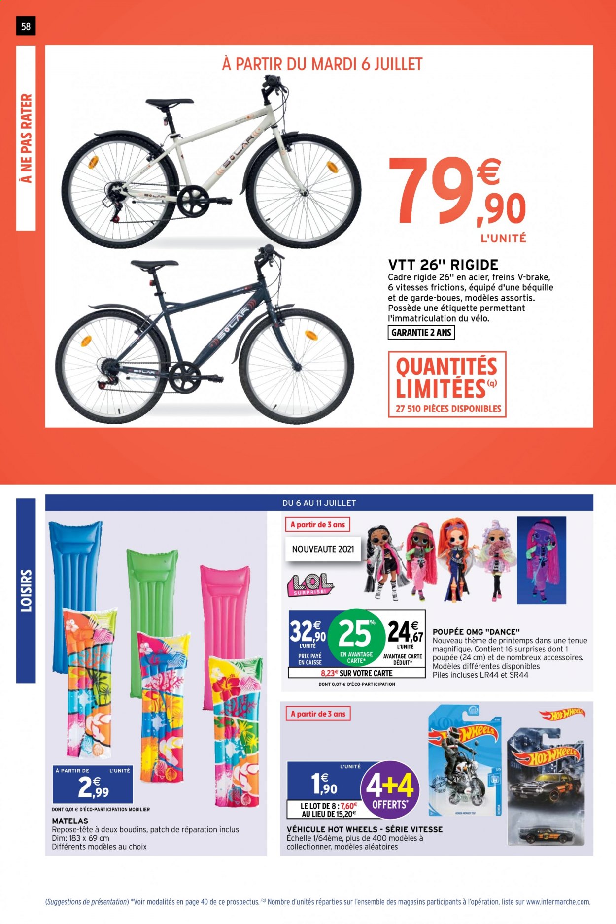 thumbnail - Catalogue Intermarché Super - 06/07/2021 - 11/07/2021 - Produits soldés - VTT Rockrider, vélo, Hot Wheels, matelas, poupée. Page 58.