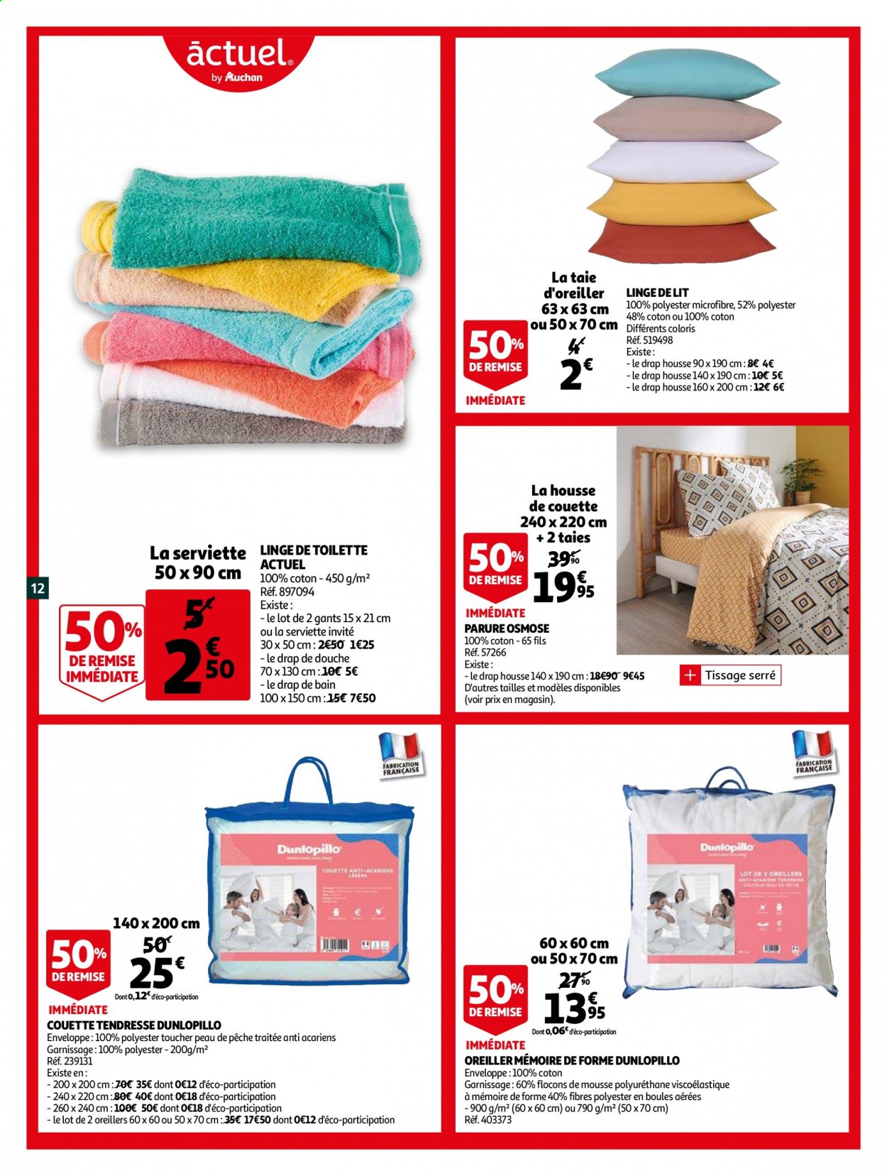 thumbnail - Catalogue Auchan - 07/07/2021 - 03/08/2021 - Produits soldés - serviette, couette, housse de couette, drap, linge de lit, taie, drap housse, drap de bain. Page 12.