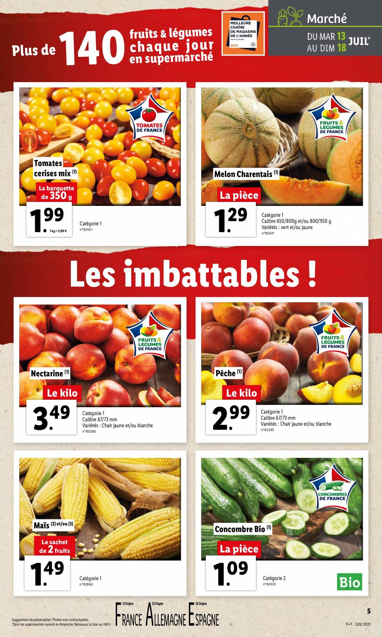 thumbnail - Catalogue Lidl - 13/07/2021 - 20/07/2021 - Produits soldés - melon, nectarine, pêche, tomates, concombre, tomates cerises. Page 7.