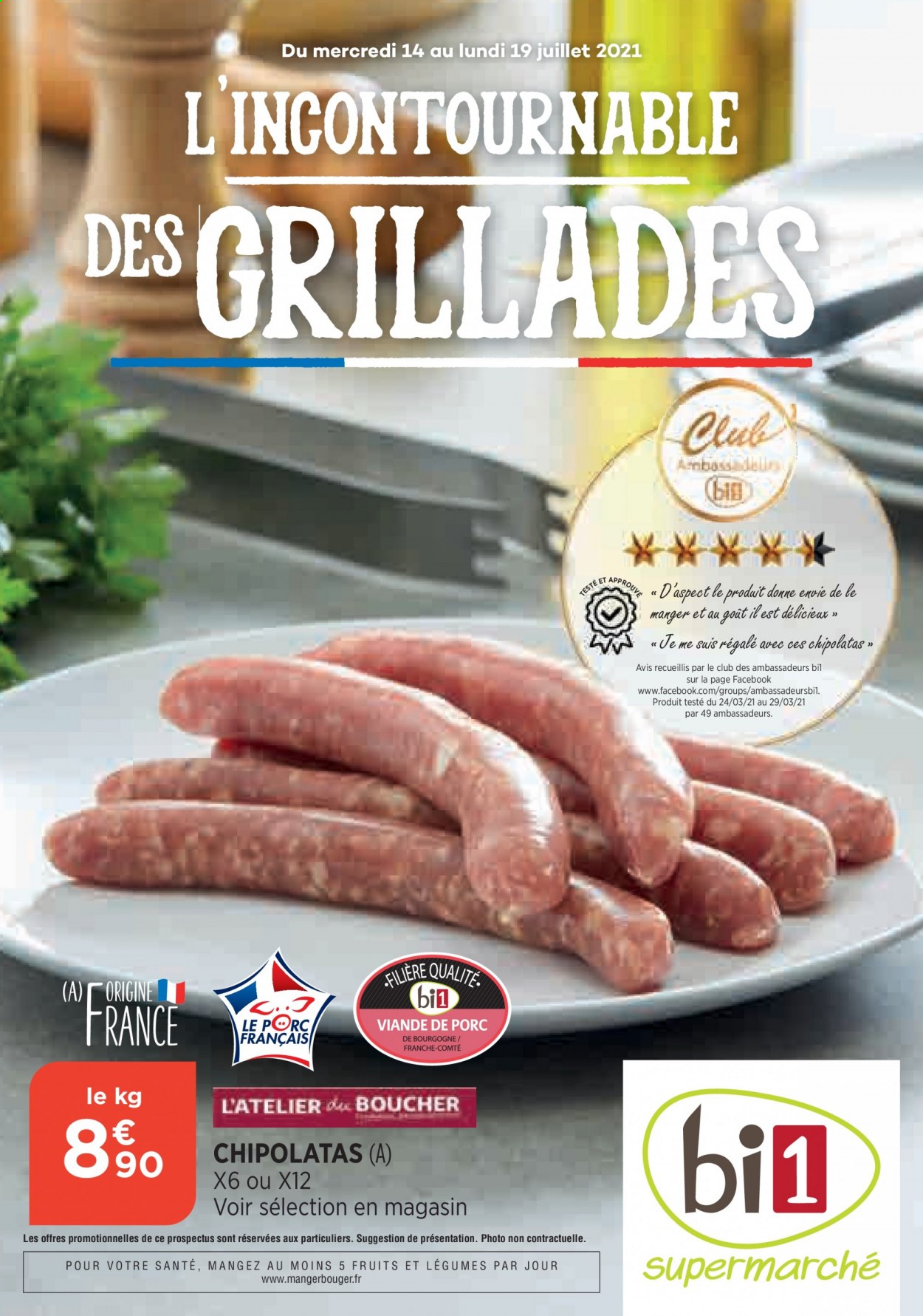 thumbnail - Catalogue Bi1 - 14/07/2021 - 19/07/2021 - Produits soldés - viande de porc, chipolata, Comté. Page 1.