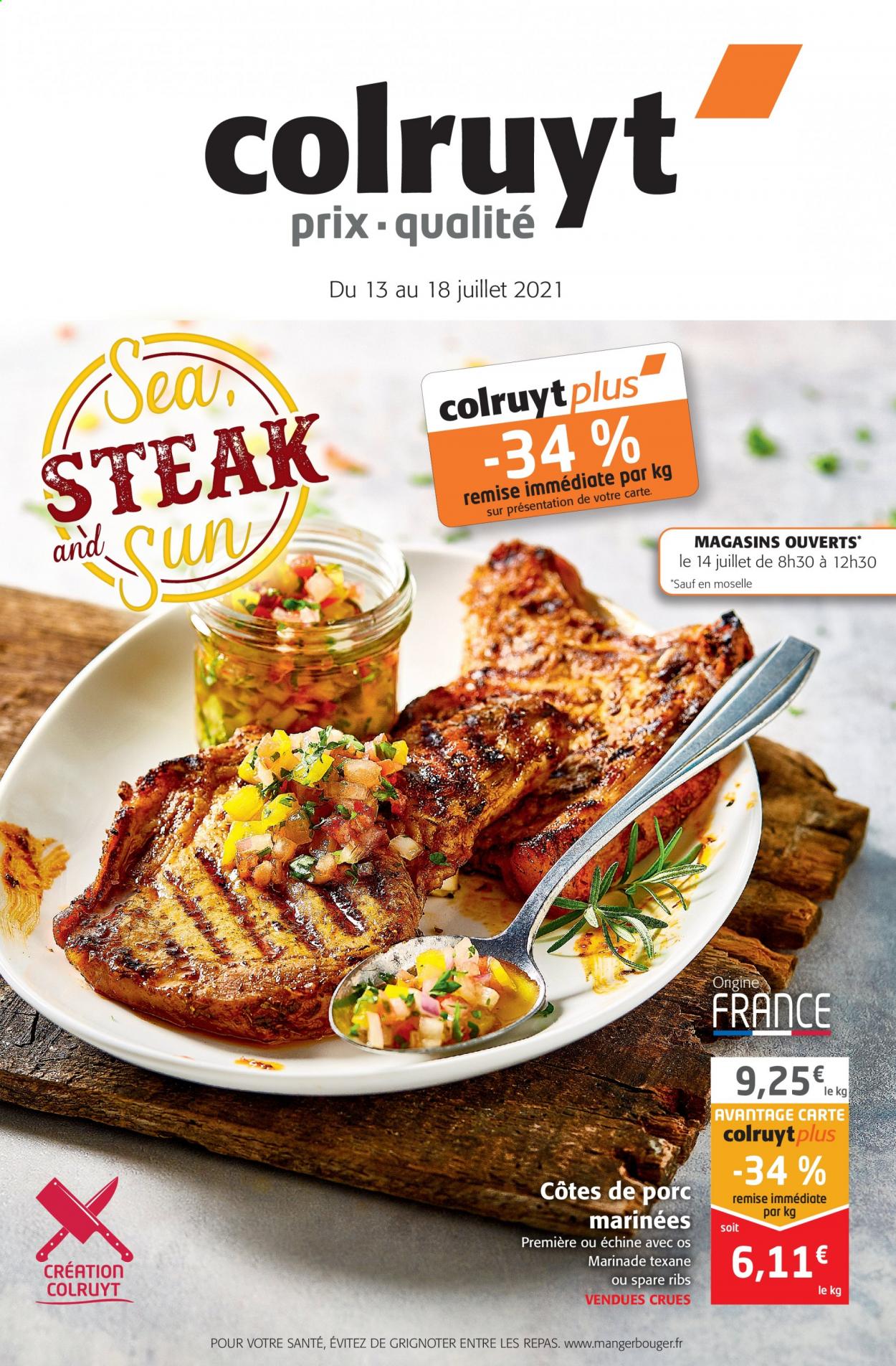 thumbnail - Catalogue Colruyt - 13/07/2021 - 18/07/2021 - Produits soldés - steak, côtes de porc, viande de porc. Page 1.