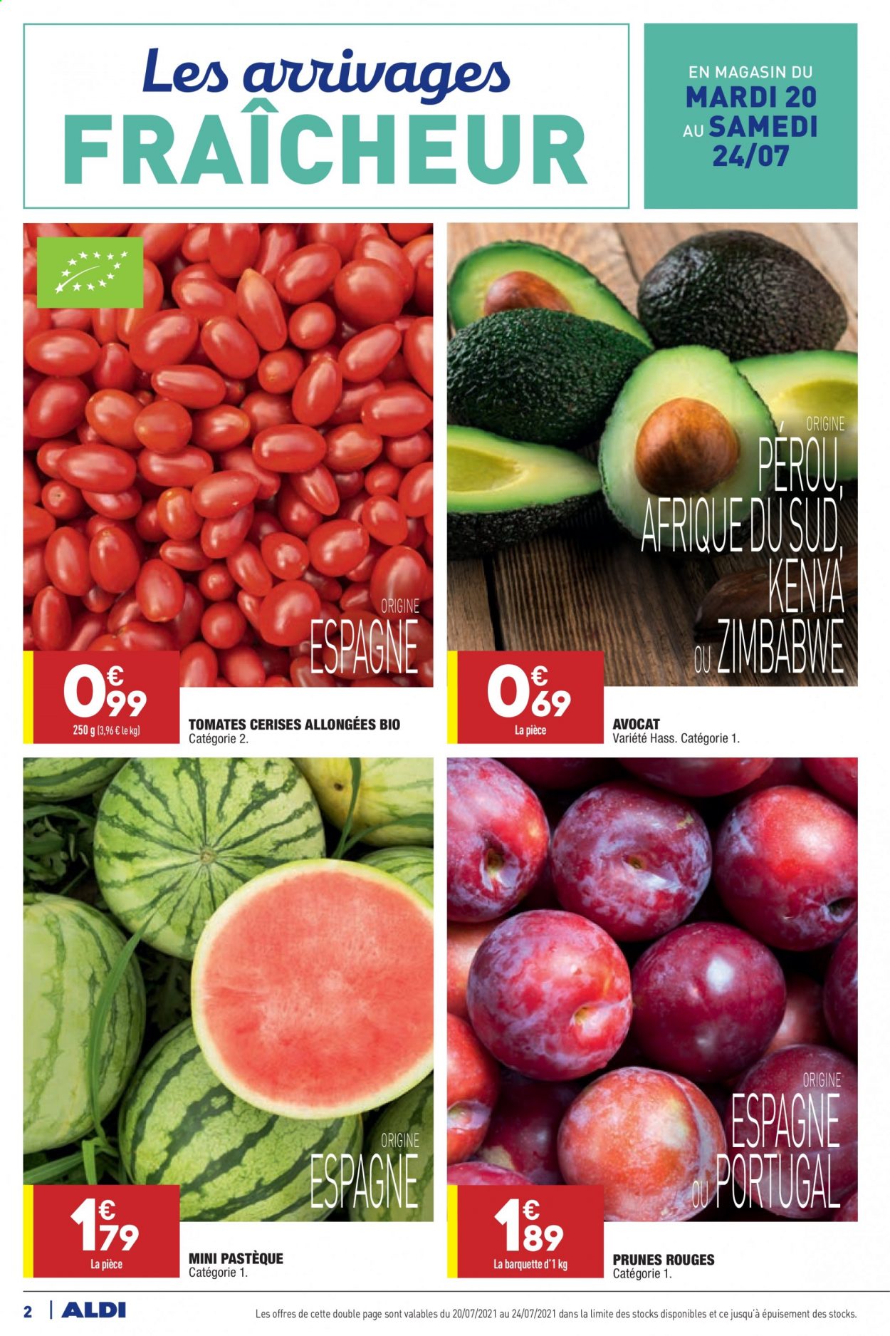 thumbnail - Catalogue ALDI - 20/07/2021 - 26/07/2021 - Produits soldés - avocat, prune, tomates, pastèque, tomates cerises. Page 4.