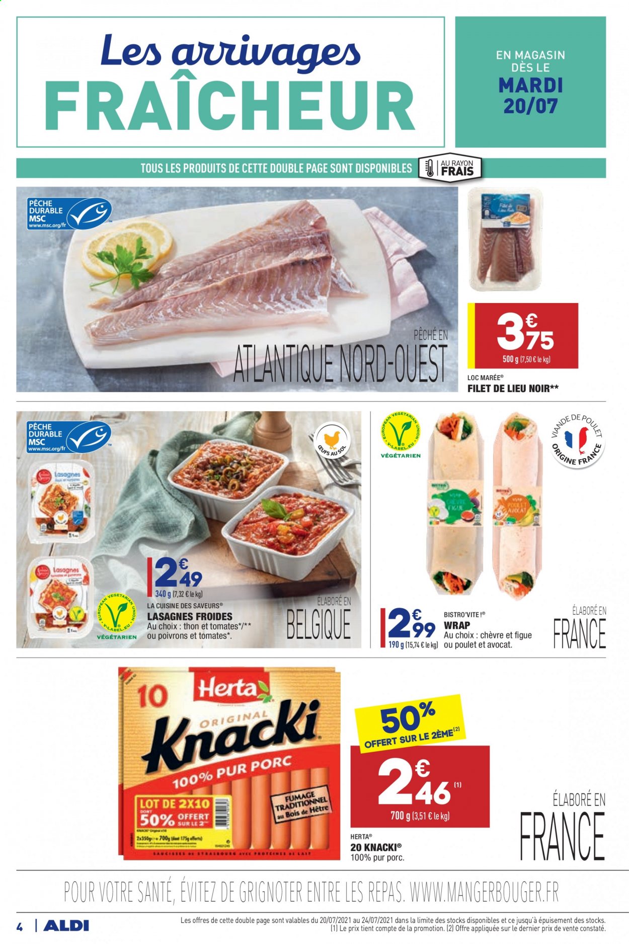 thumbnail - Catalogue ALDI - 20/07/2021 - 26/07/2021 - Produits soldés - tomates, poivrons, filet de lieu, lasagnes, wrap, Herta, knack d'Alsace. Page 6.