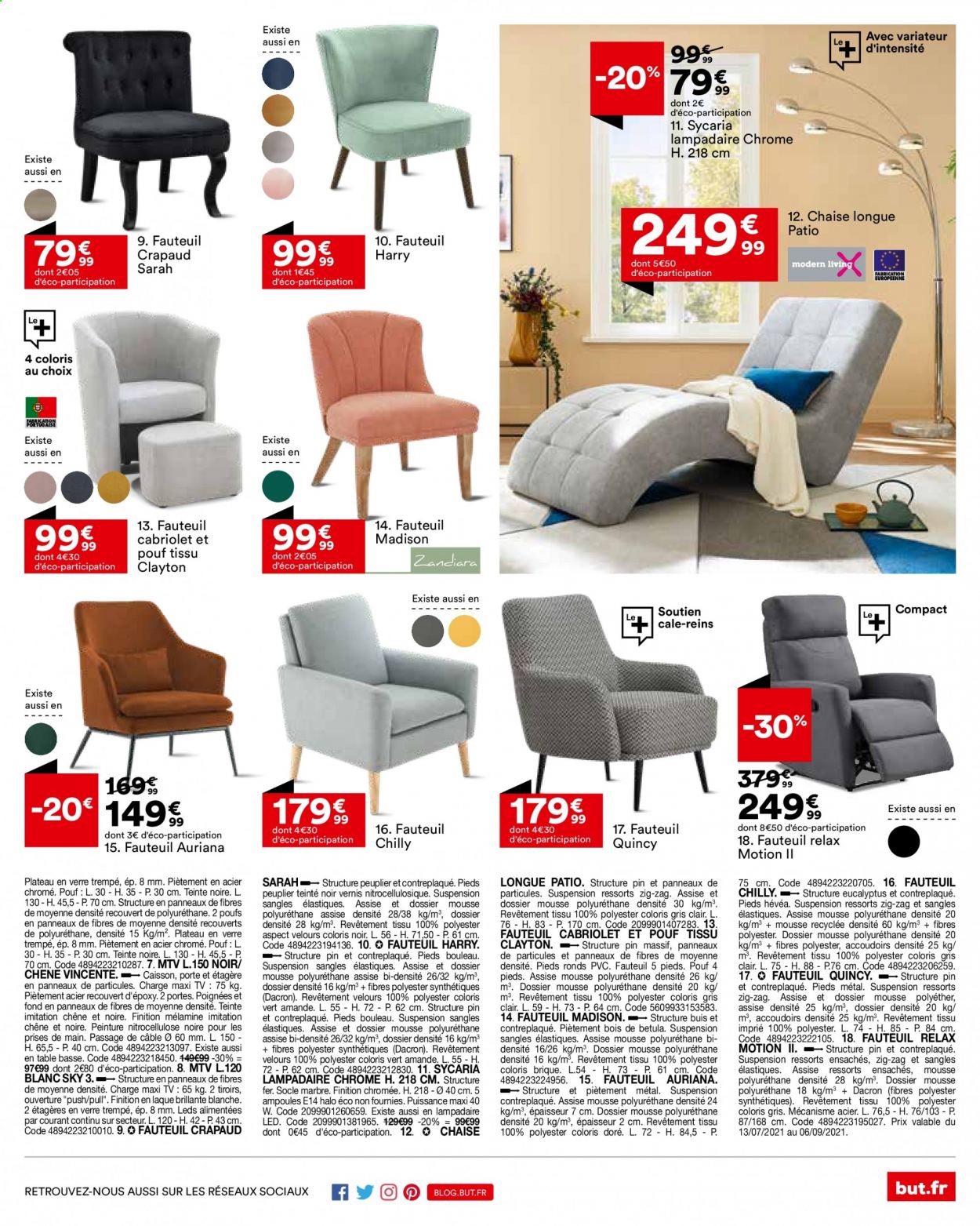 thumbnail - Catalogue BUT - 13/07/2021 - 09/08/2021 - Produits soldés - table, chaise, téléviseur, Madison, fauteuil, chaise longue, lampadaire LED. Page 31.
