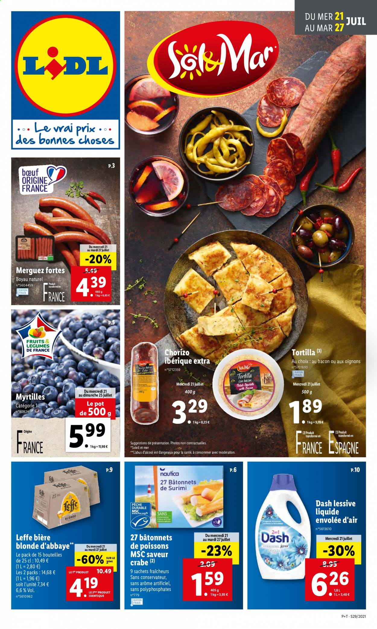 thumbnail - Catalogue Lidl - 21/07/2021 - 27/07/2021 - Produits soldés - Leffe, bière, bière blonde, tortilla, chorizo, bacon, merguez, lessive. Page 1.