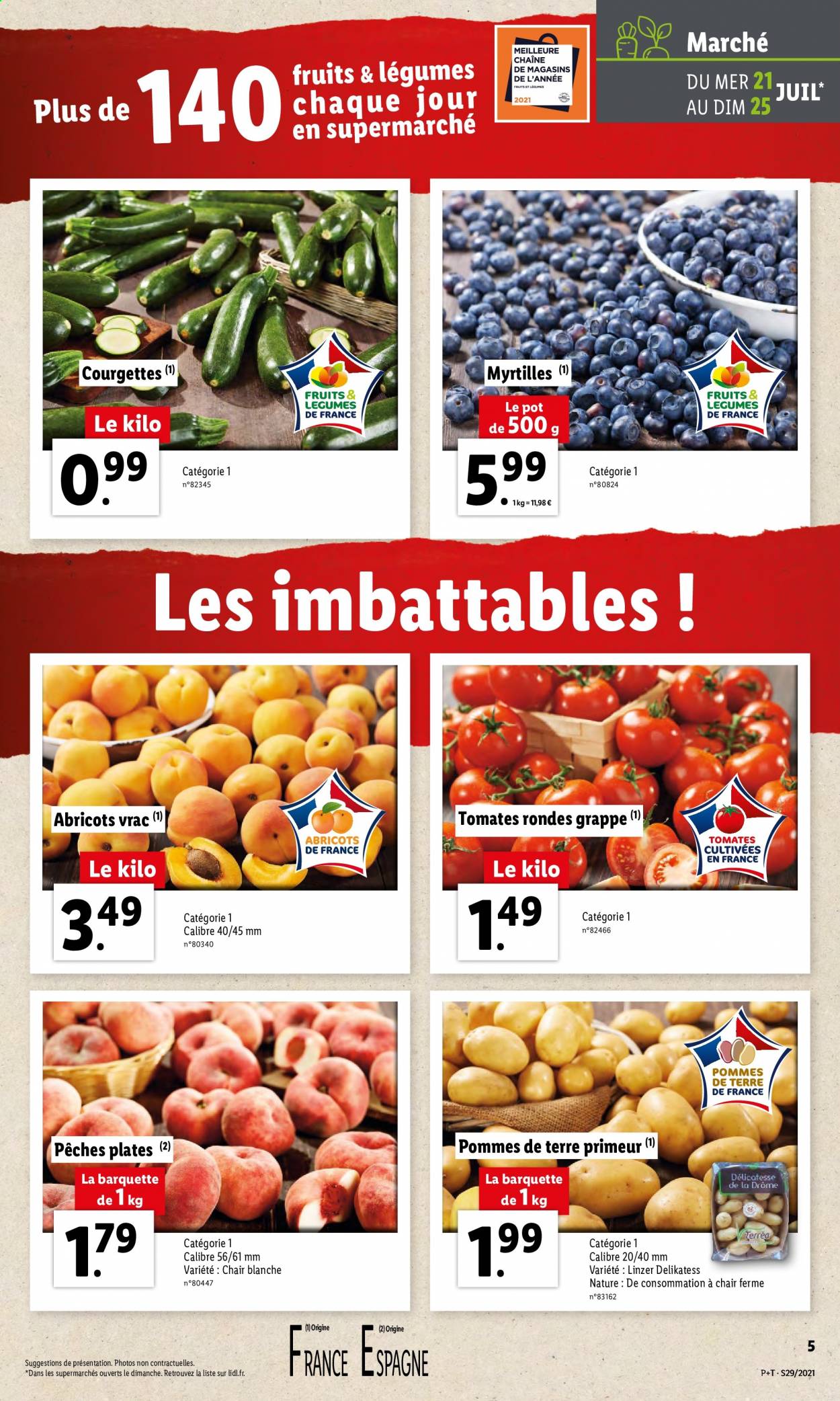 thumbnail - Catalogue Lidl - 21/07/2021 - 27/07/2021 - Produits soldés - pommes, abricots, myrtille, pêche, tomates, courgette. Page 7.