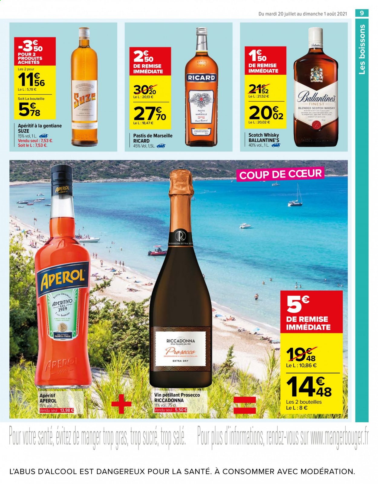 thumbnail - Catalogue Carrefour Market - 20/07/2021 - 01/08/2021 - Produits soldés - Prosecco, vin, Aperol, whisky, pastis, apéritif. Page 9.